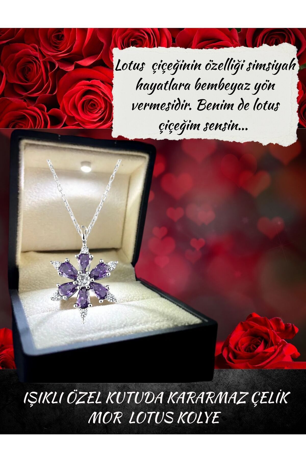 Perry Accesories IŞIKLI ÖZEL HEDİYE KUTUSUNDA MOR LOTUS KOLYE KARARMAZ ÇELİK LOTUS KOLYE HEDİYE SETİ