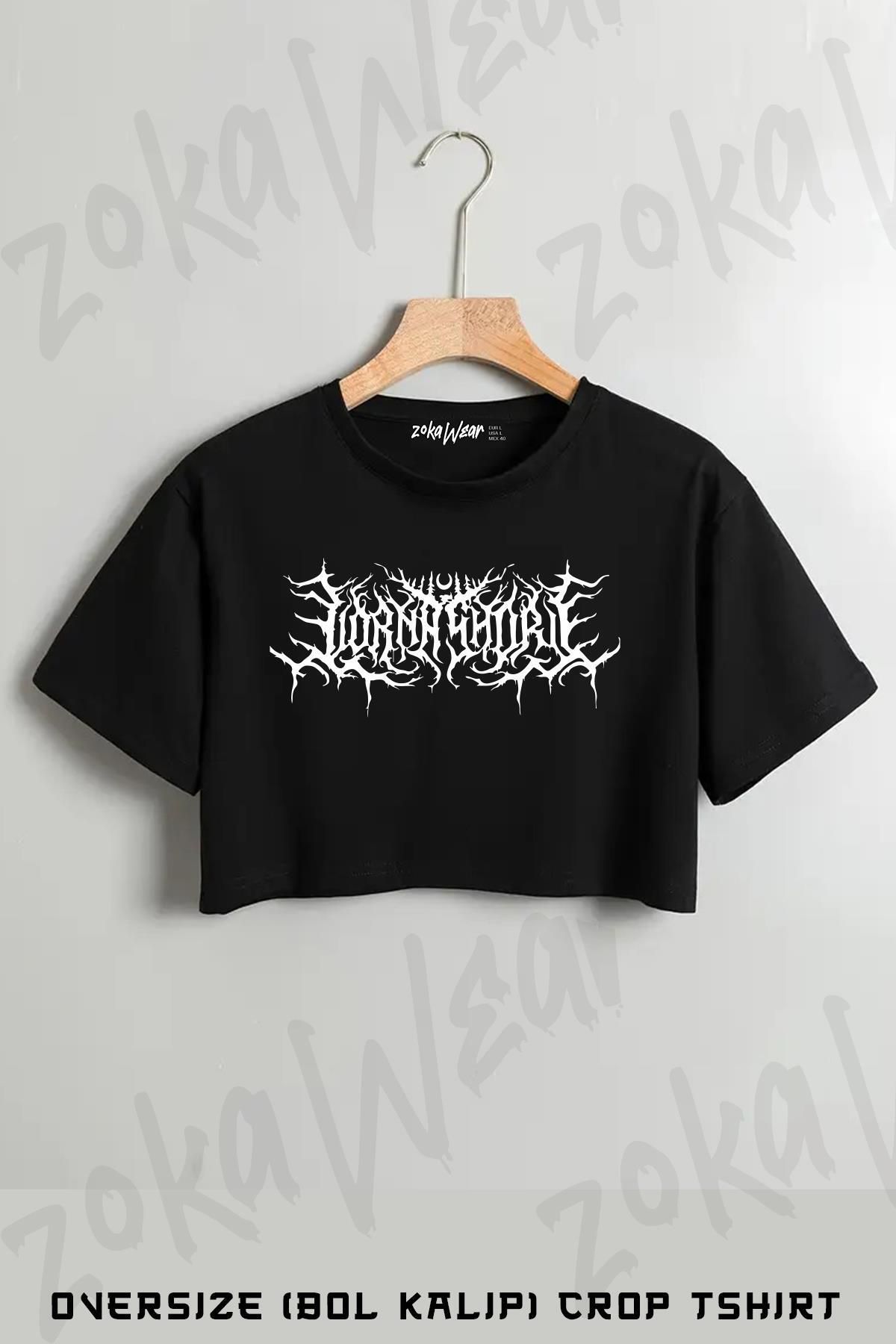 ZOKAWEAR Lorna shore logo classic Baskılı Oversize Crop T-Shirt