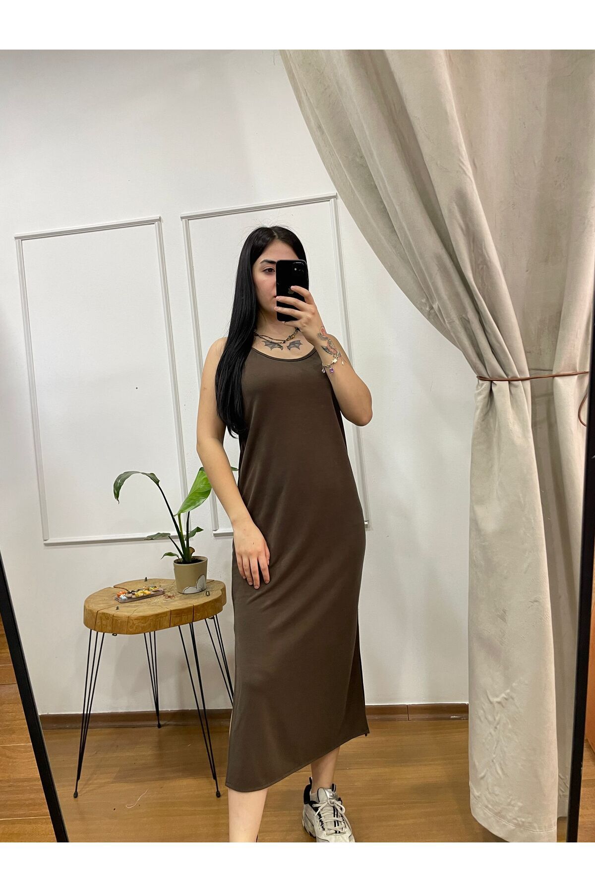 FASİON Askılı Modal Kumaş Kahve Yırtmaçlı Elbise