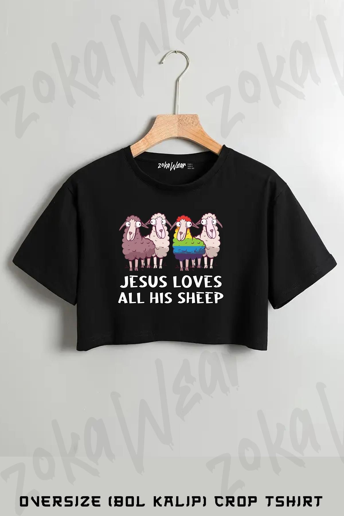 ZOKAWEAR Jesus Loves All His Sheep Baskılı Oversize Crop T-Shirt