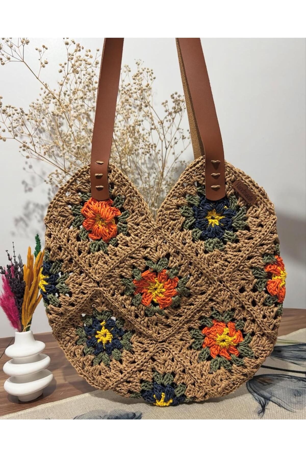 EmrTkstl El Örgüsü Hasır Çanta Deri Saplı 32*32 cm