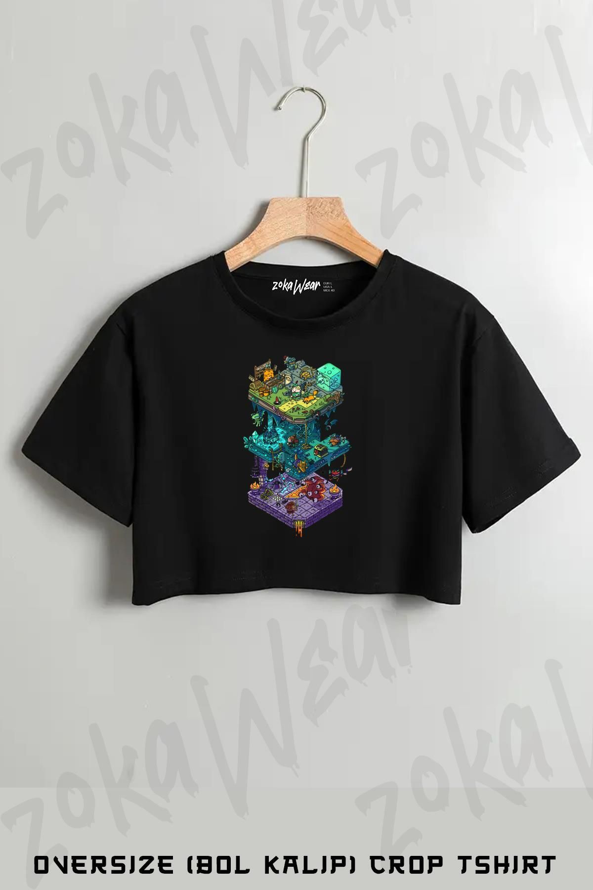 ZOKAWEAR Dungeons And Isometric Baskılı Oversize Crop T-Shirt