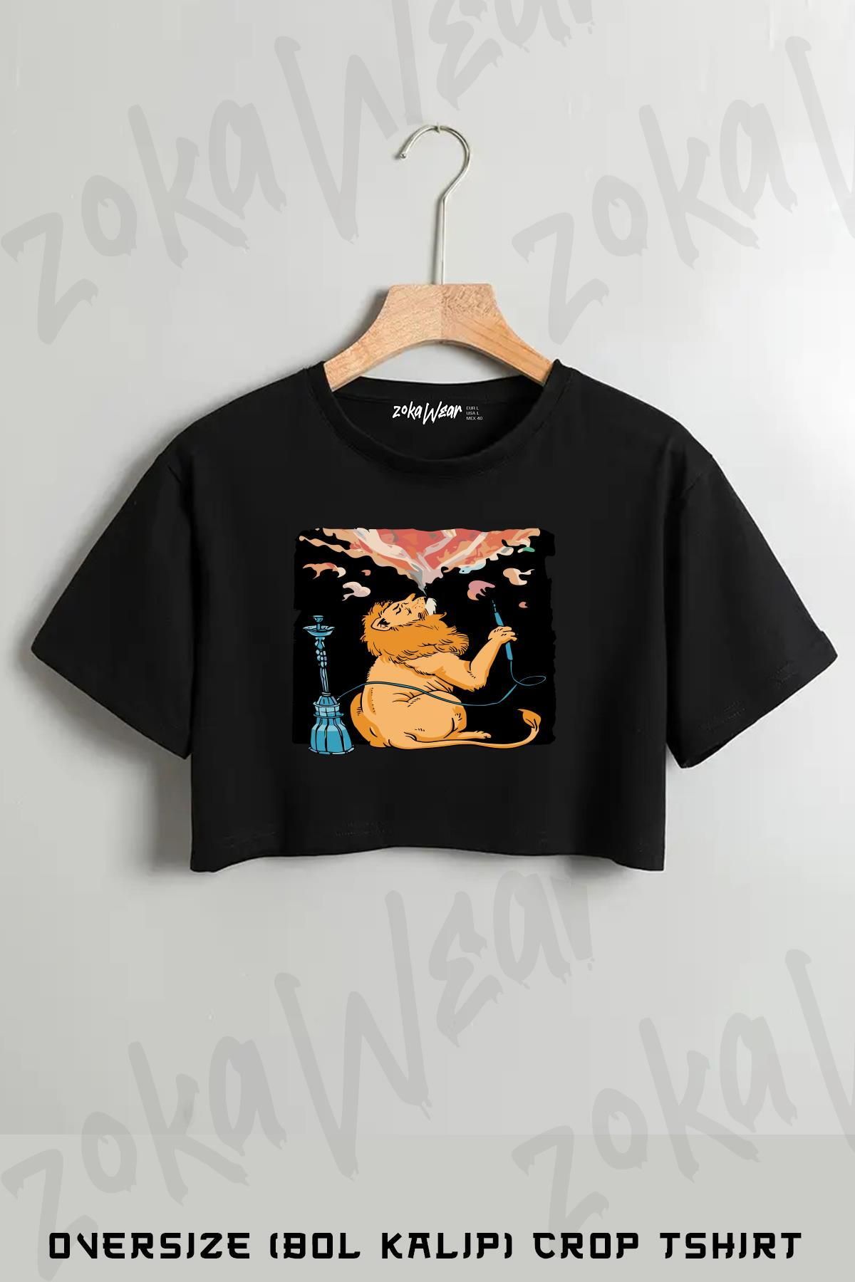 ZOKAWEAR Nargile Aslan Doğa Baskılı Oversize Crop T-Shirt