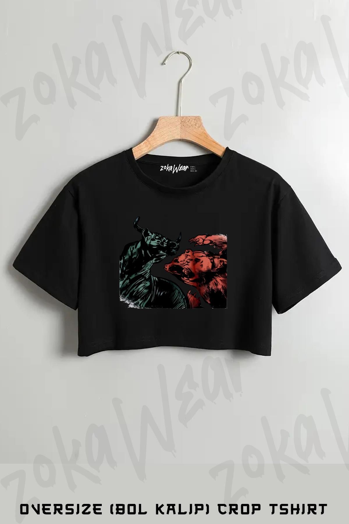 ZOKAWEAR Ayı Boğa Sezonu Coin Ekonomi Borsa Baskılı Oversize Crop T-Shirt