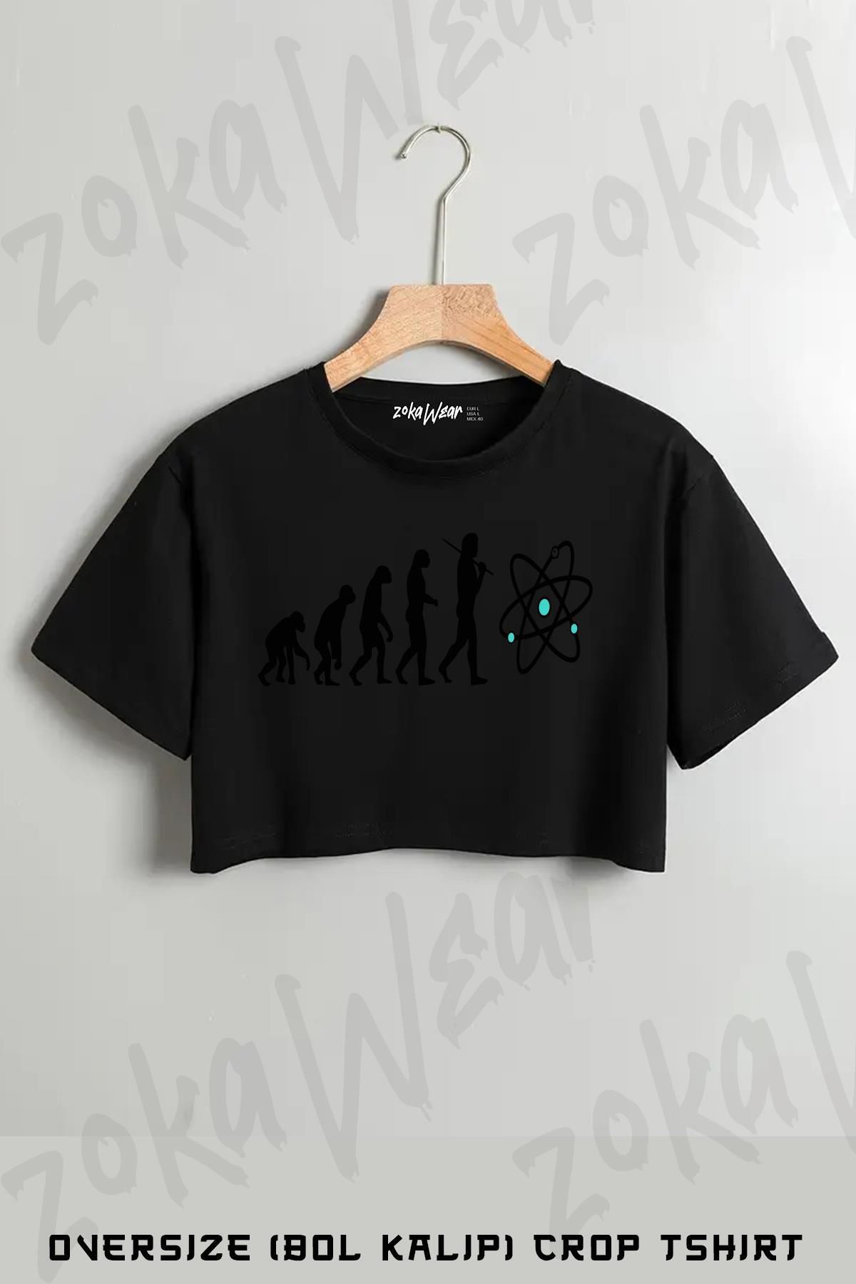 ZOKAWEAR Bilim Evrim Atom Baskılı Oversize Crop T-Shirt