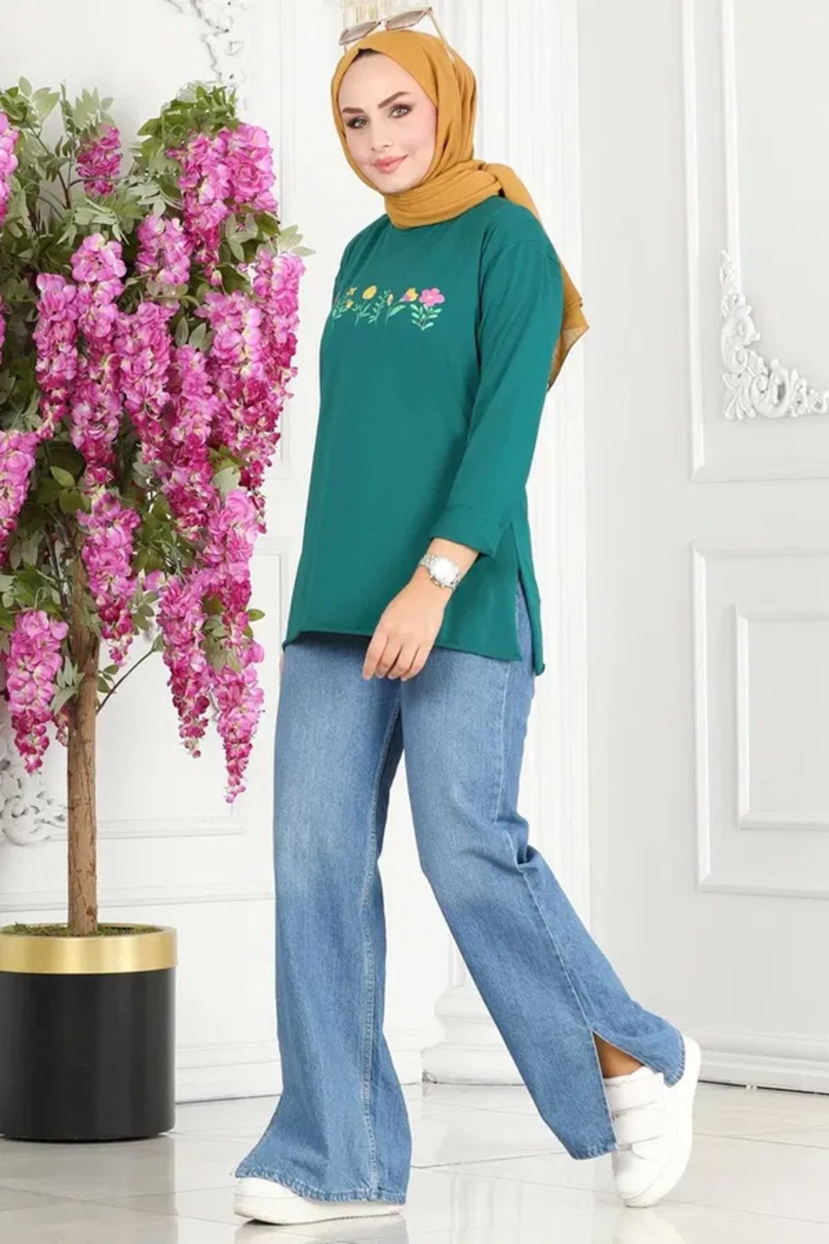 Butik Kadın Bisiklet Yaka Çiçek Baskılı Tunik