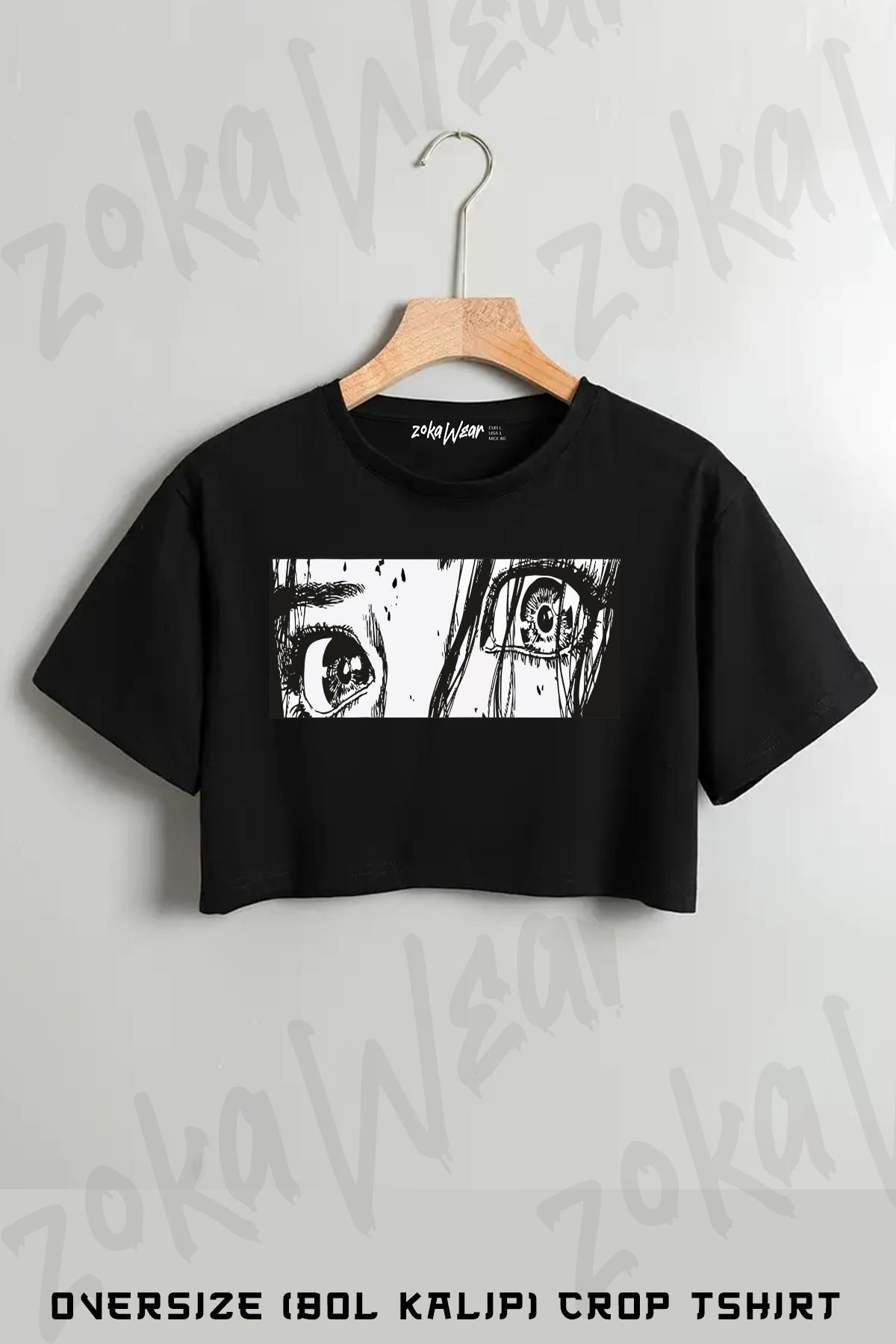 ZOKAWEAR Aesthetic anime eyes Baskılı Oversize Crop T-Shirt