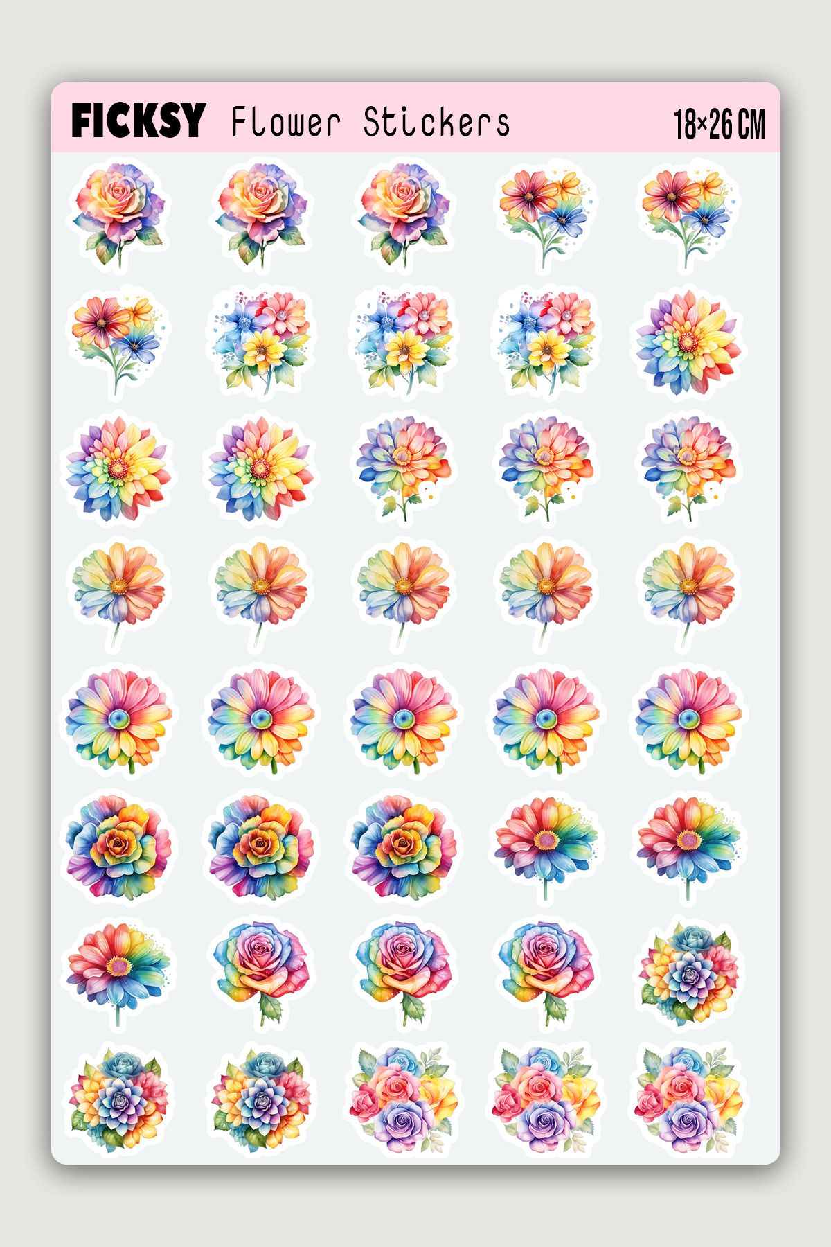 Ficksy Gökkuşağı Renkli Çiçek Sticker Seti - 40 Adet Etiket Çıkartma