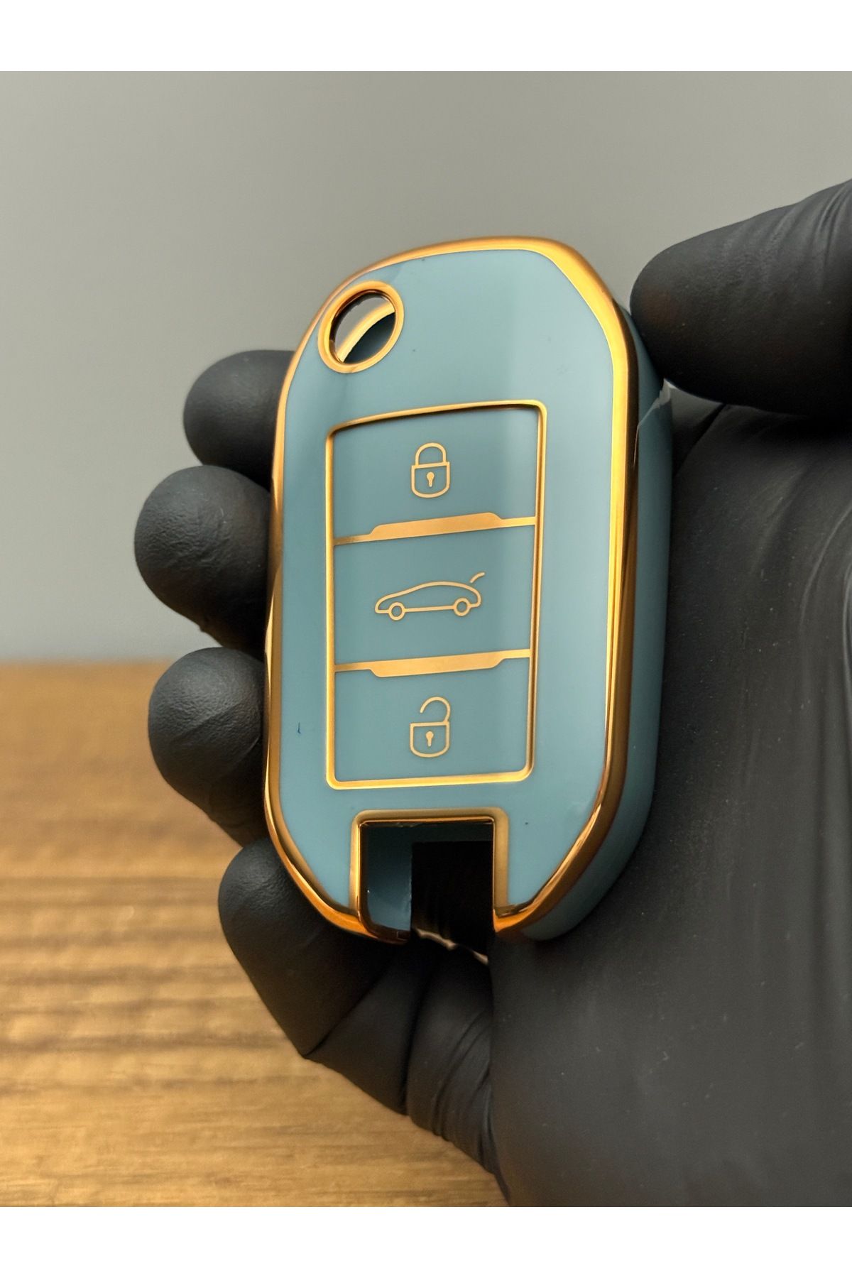 Mavi Keys Citroën Berlingo C-Elysee Peugeot 508 3008 5008 Opel Sustalı 3 Düğmeli Silikon Anahtar Kılıfı Gri