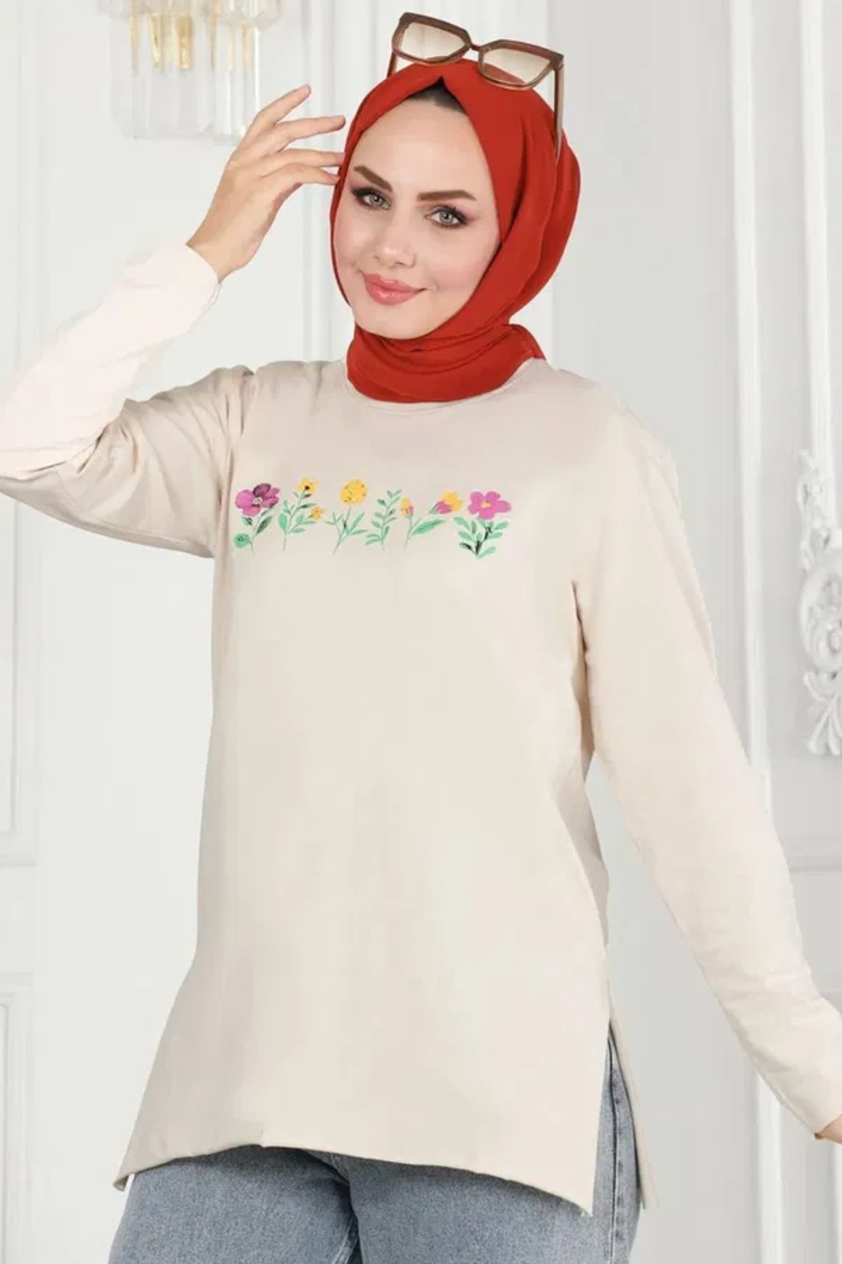Butik Kadın Bisiklet Yaka Çiçek Baskılı Tunik