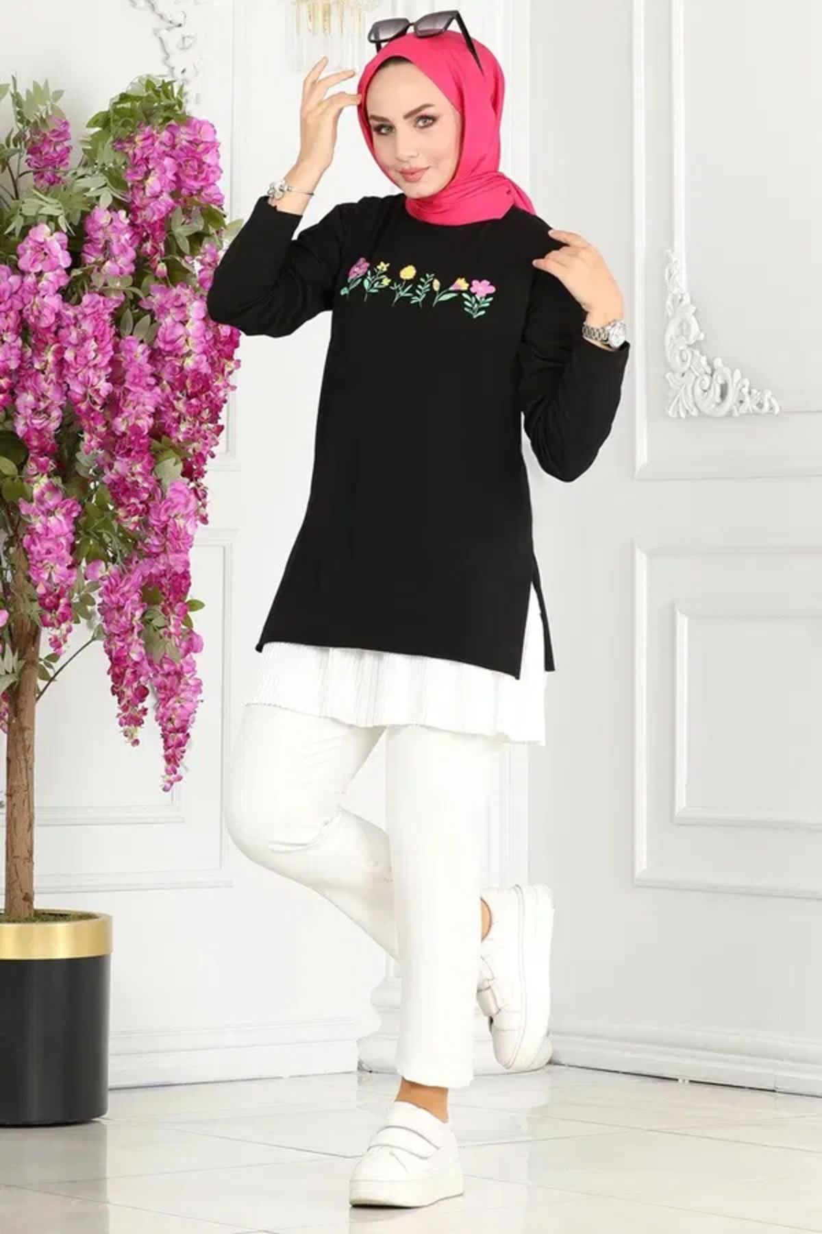 Butik Kadın Bisiklet Yaka Çiçek Baskılı Tunik