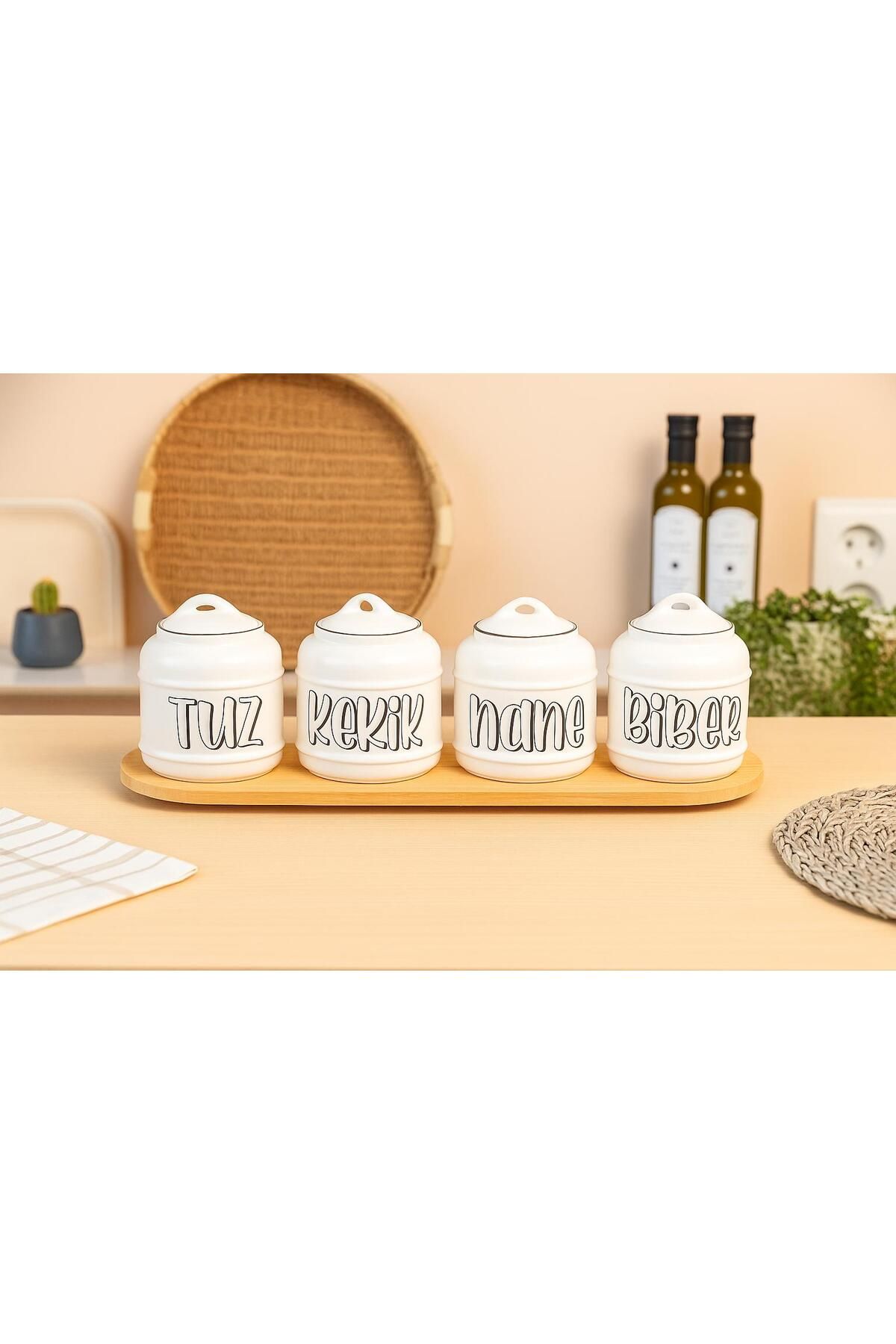 LİNGO HOME 4' lü Seramik Kavanoz Baharatlık Seti-Tuz Kekik Nane Biber yazılı Saklama Kabı- 10*14 cm