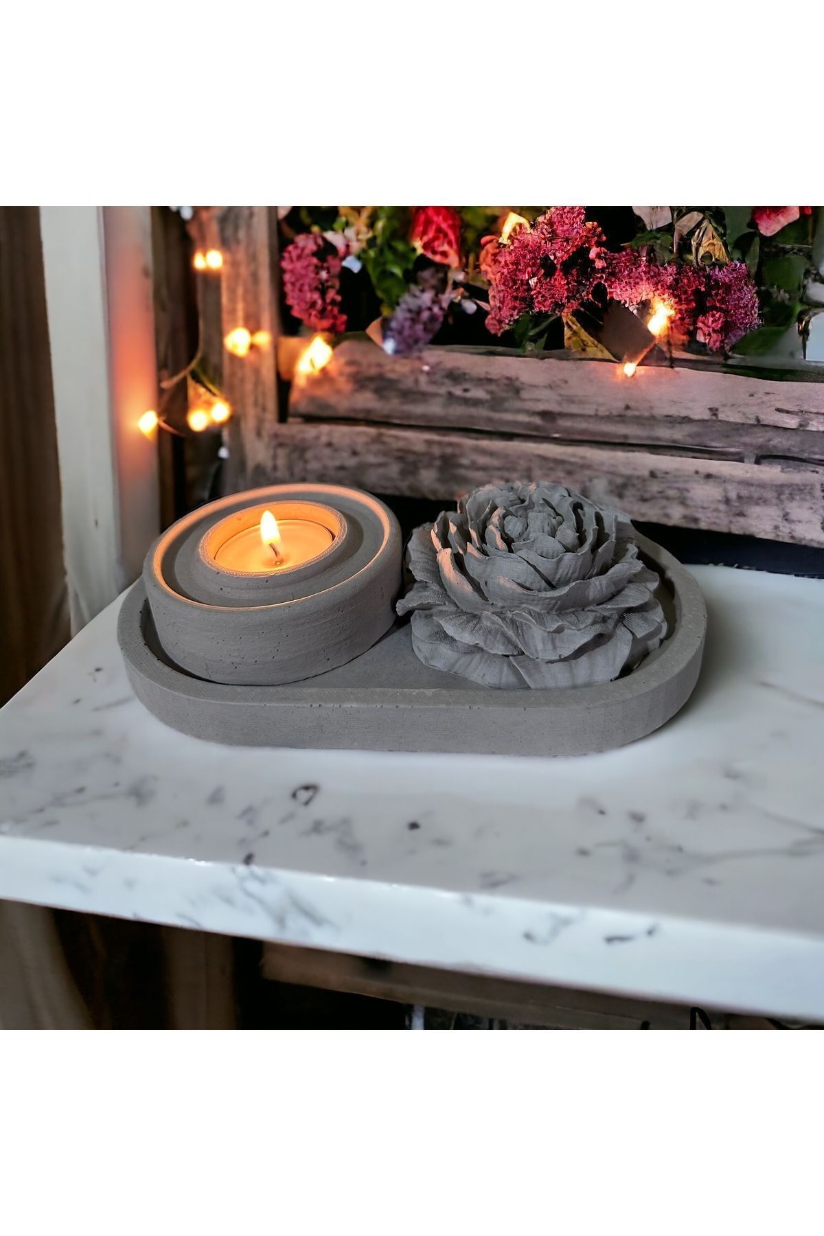 SerenityHaven Stantlı Beton Mum Bohem Mumluk Ve Gül (TEALİGHT HEDİYELİ)