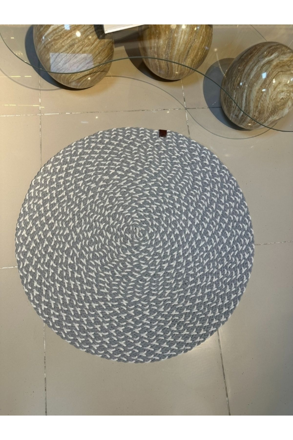 Halımax Loom Jüt Çift Taraflı Yıkanabilir Örgü Kilim Yuvarlak Halı Paspas Mutfak Banyo Balkon Gri Beyaz