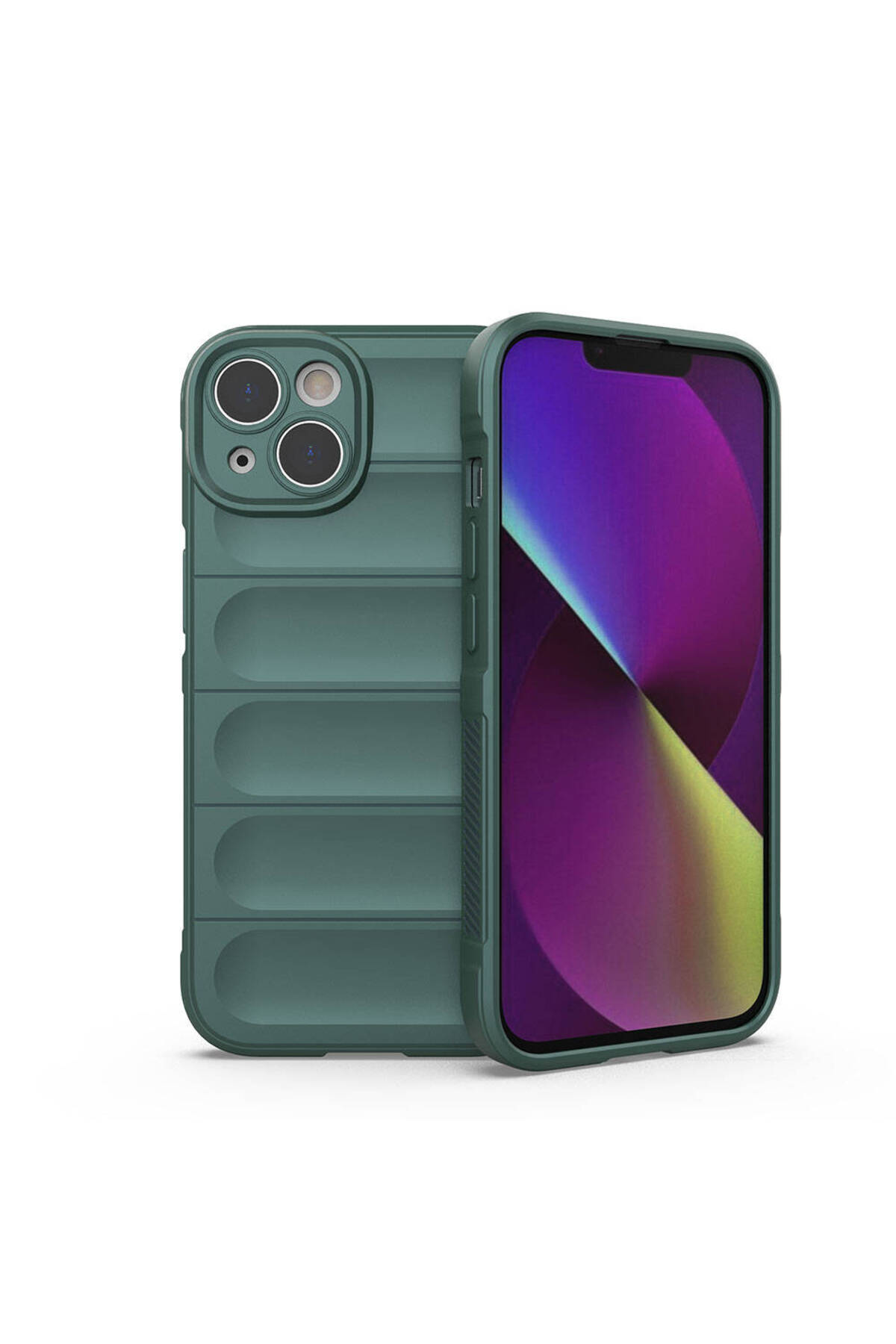 iPhone 14 Kılıf Esnek TPU Oyuklu Arka Yüzey Tasarımlı YTSG Etnik Silikon Kapak - Koyu Yeşil