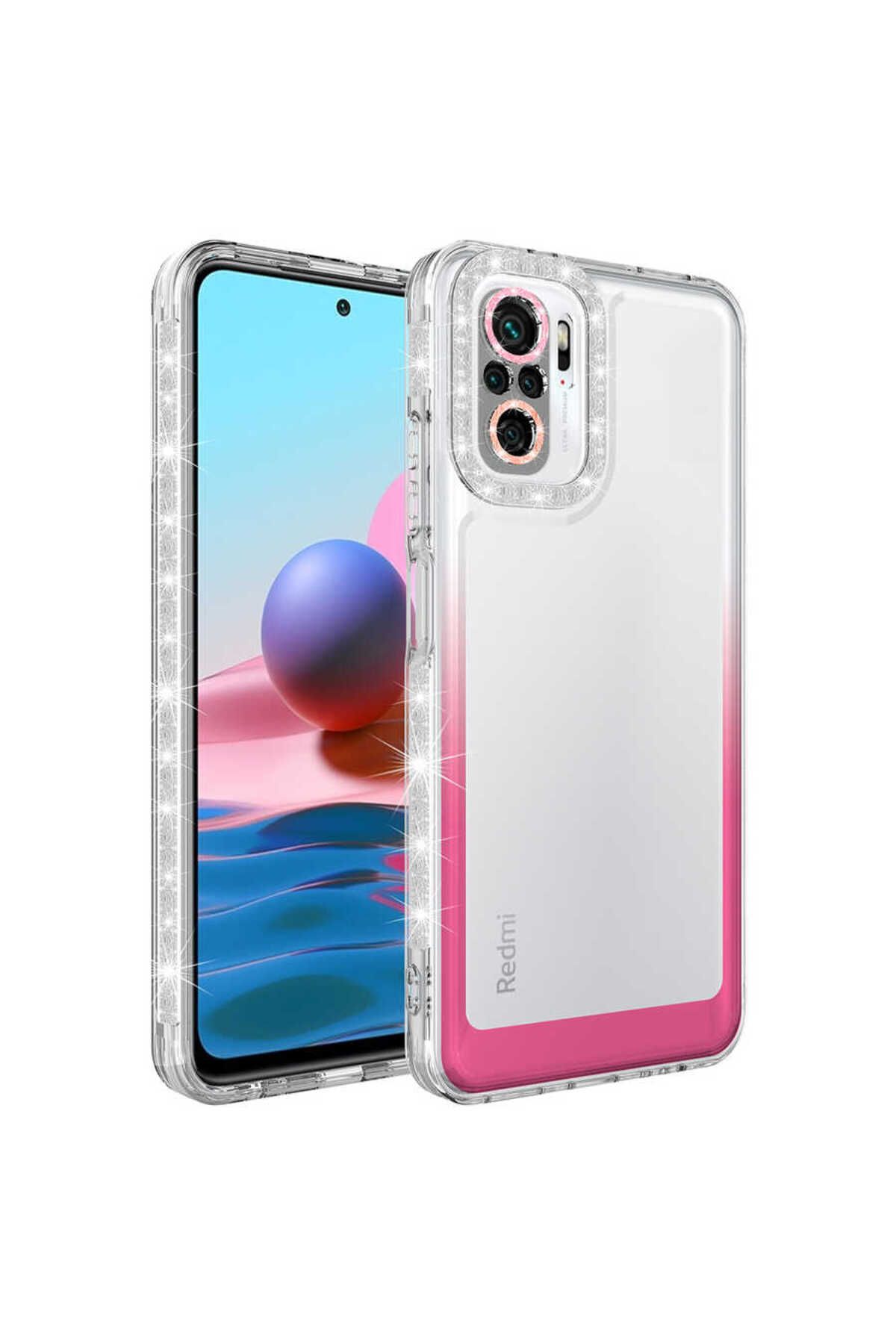 YTSGLOBAL Poco M5S Kılıf Simli ve Renk Geçiş Tasarımlı Lens Korumalı YTSG Park Kapak - Beyaz-Pembe