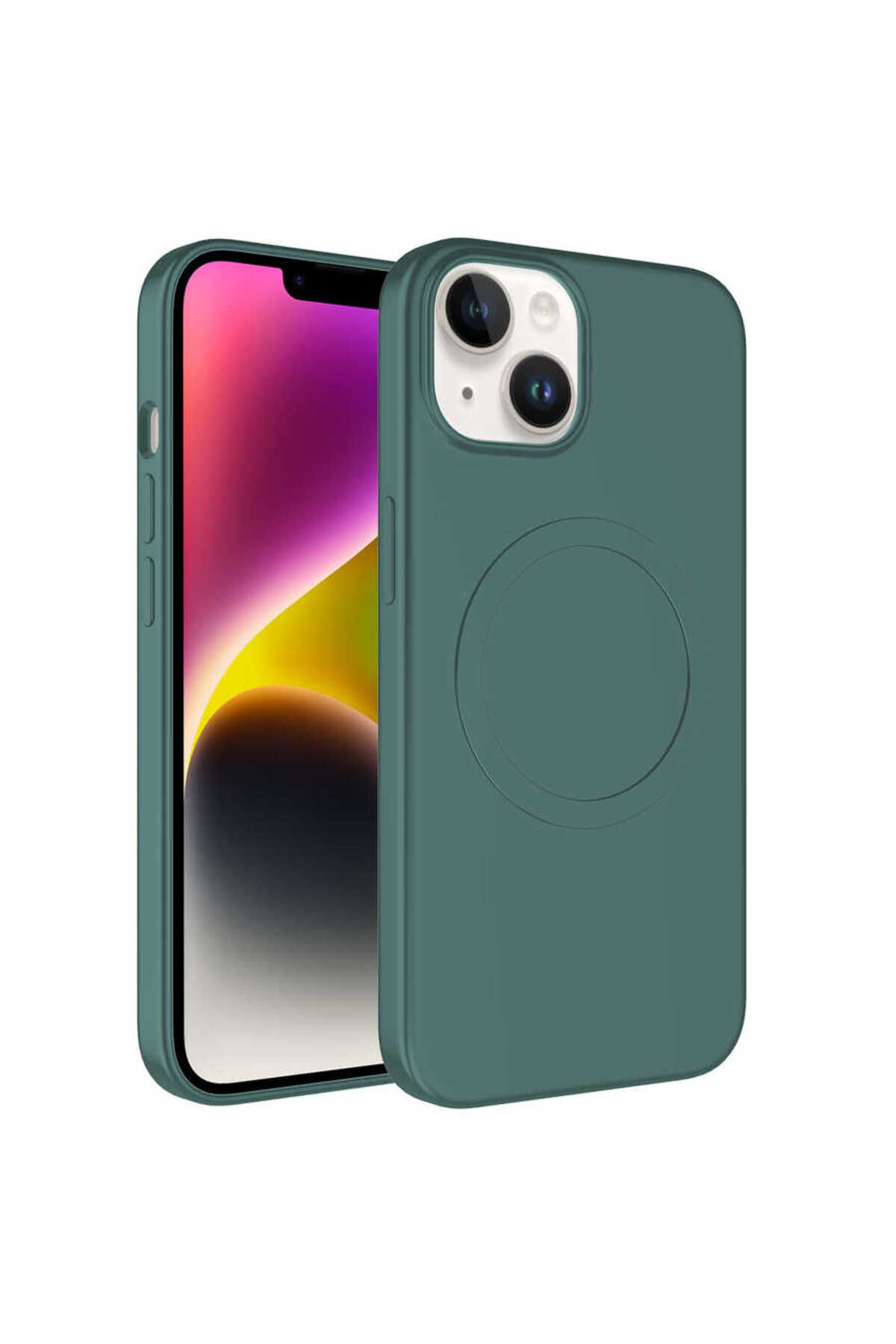 YTSGLOBAL iPhone 14 Uyumlu Magsafe Wireless Şarj Özellikli Pastel Renk Silikon YTSG Plas Kılıf-Koyu Yeşi
