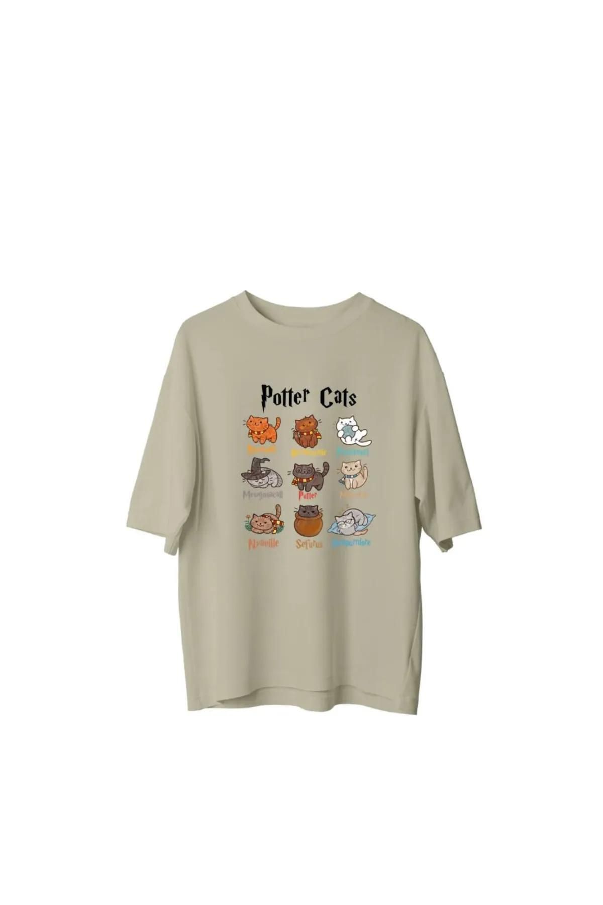 Koklonmoda Büyük Beden Unisex Potter Cats Baskılı Oversize T-Shirt
