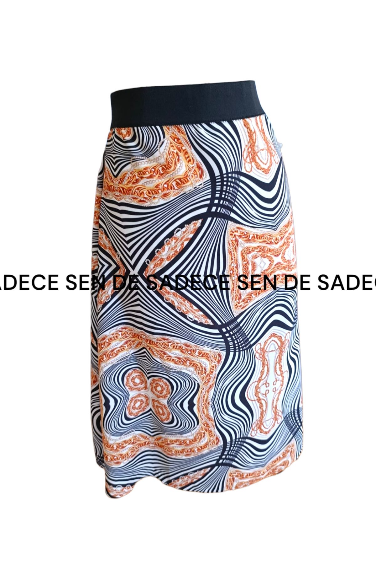SADECE SEN DE zincir desenli beli lastikli midi boy kloş etek