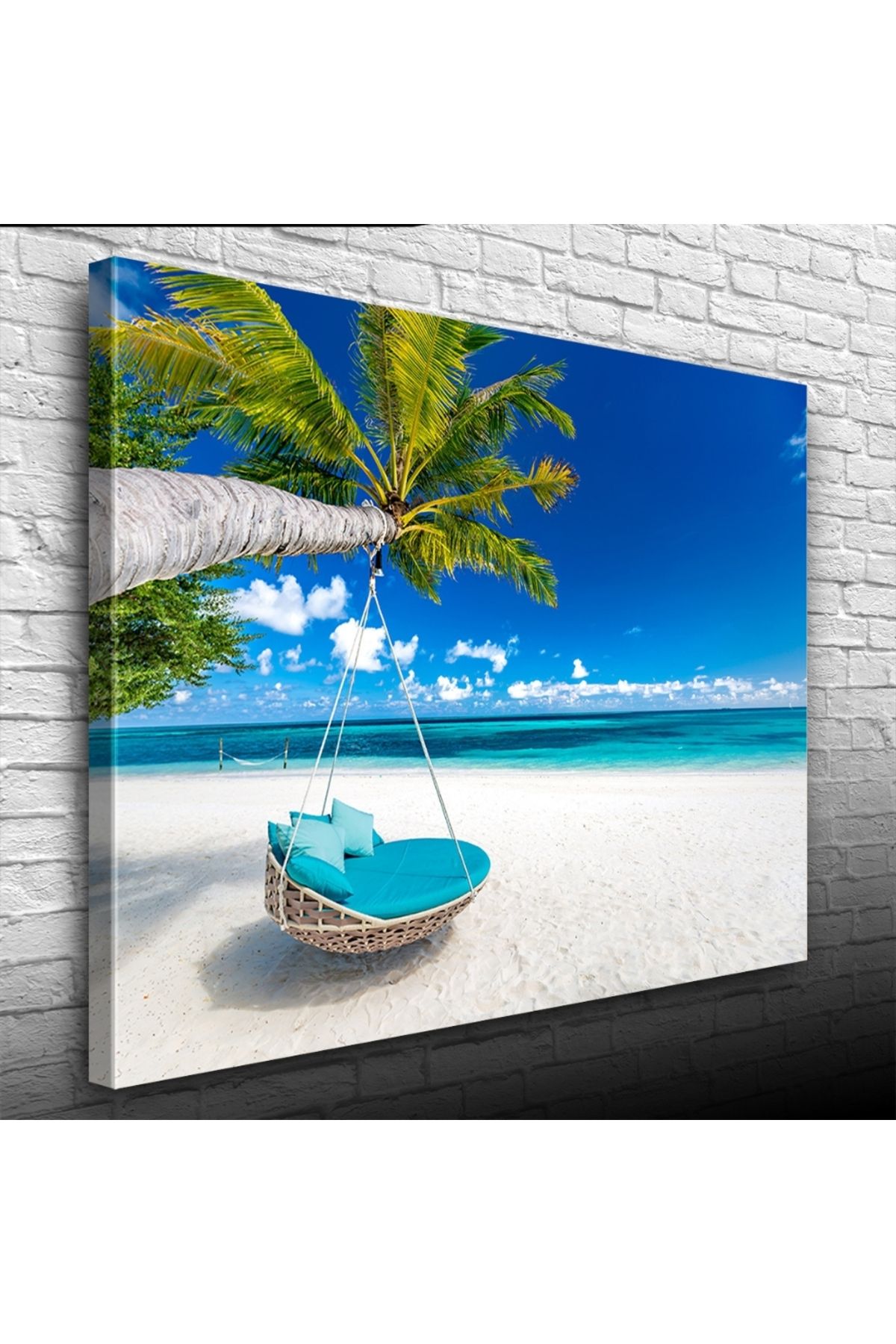 Kanonik Education Kumsal Mavi Salıncak, Deniz ve Palmiyeler Kanvas Tablo 50 x 70
