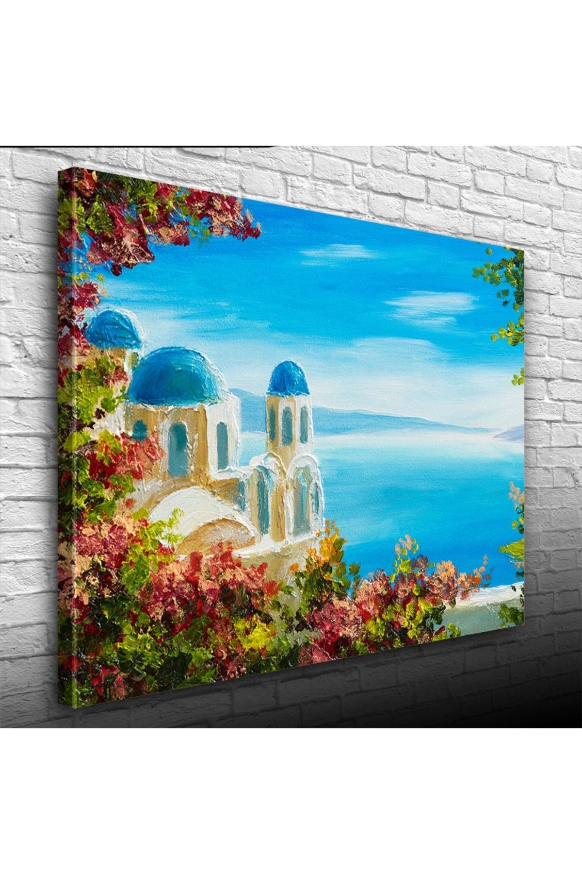 Kanonik Education Çiçekli Terasta Mikanos ve Deniz Manzarası Yağlıboya Kanvas Tablo 50 x 70