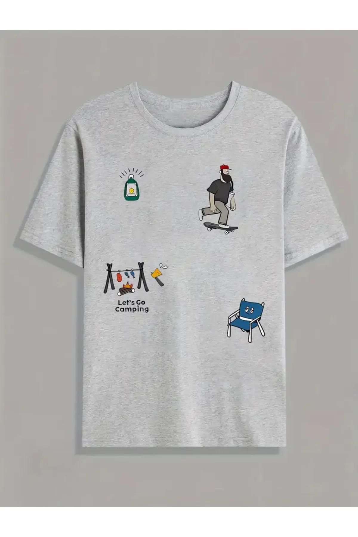 Koklonmoda Büyük Beden Unisex Camping Baskılı Oversize T-Shirt
