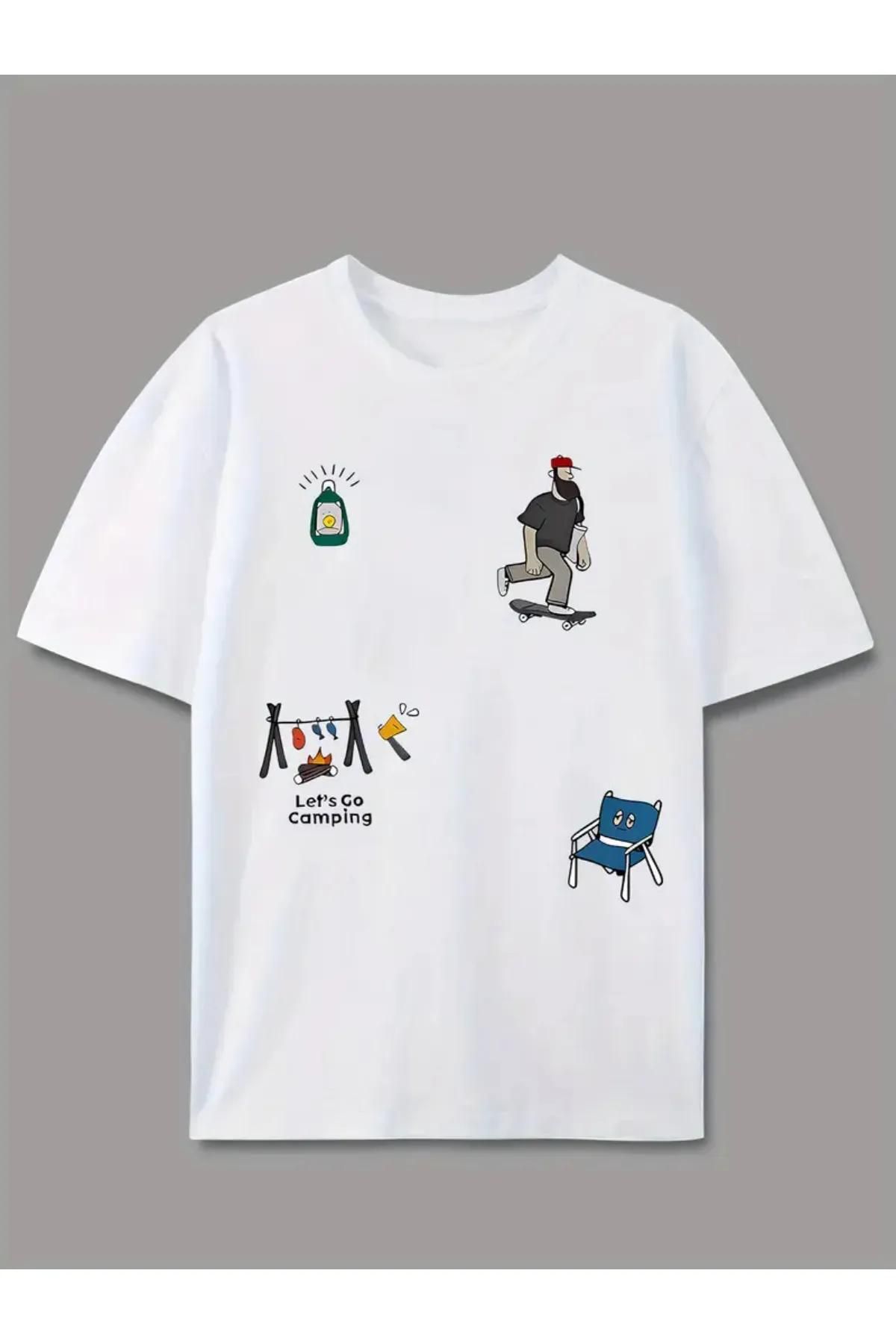 Koklonmoda Unisex Camping Baskılı Oversize T-Shirt