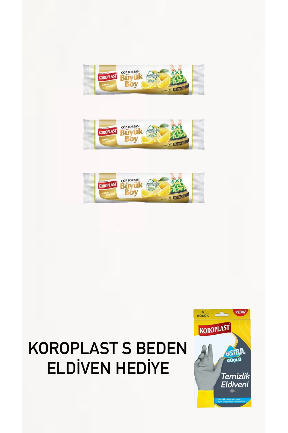 Koroplast 3 adet büyük boy limon kokulu büzgülü çöp poşeti s beden eldiven hediyeli