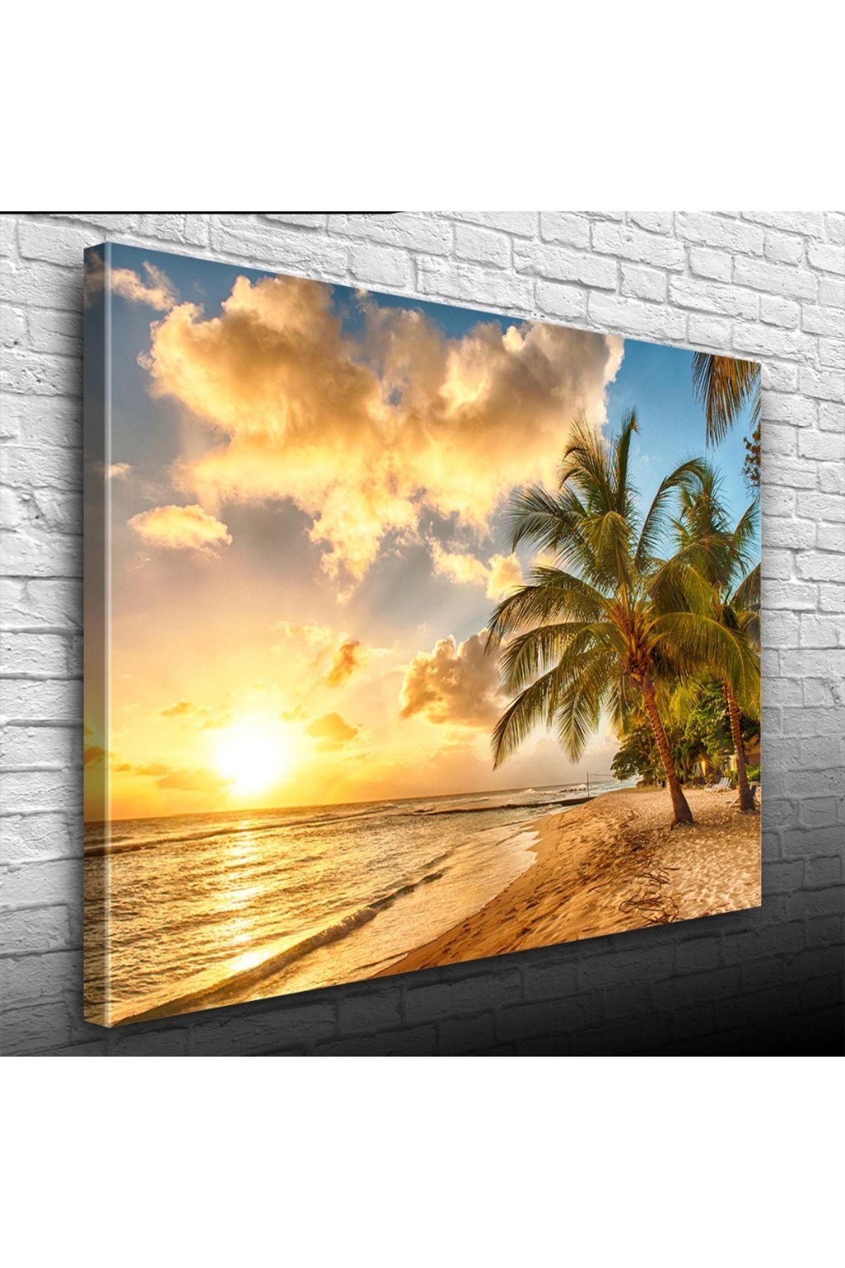 Kanonik Education Kumsalda Palmiyeler ve Günbatımı Kanvas Tablo 50 x 70