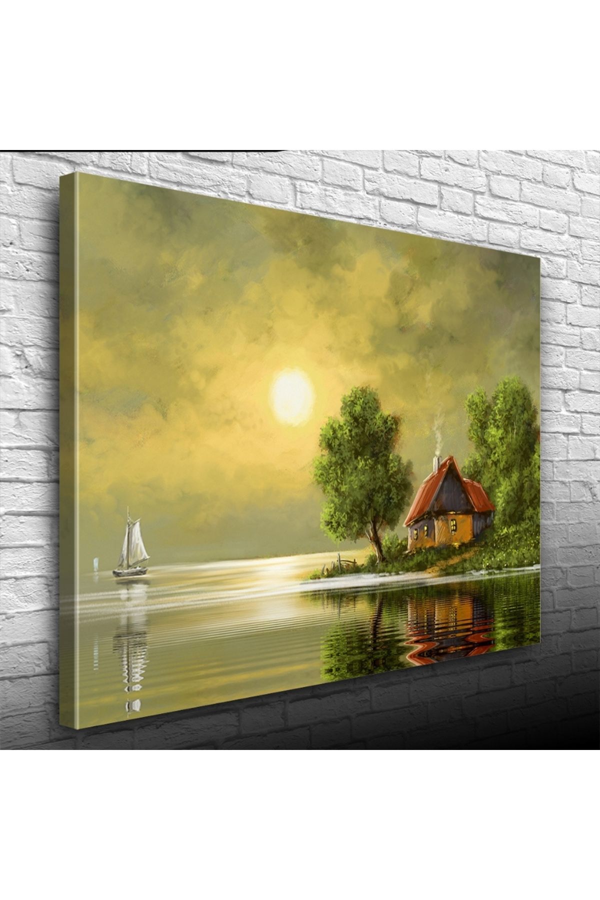 Kanonik Education Dolunay ve Göl kenarındaki Ev Yağlıboya Kanvas Tablo 50 x 70