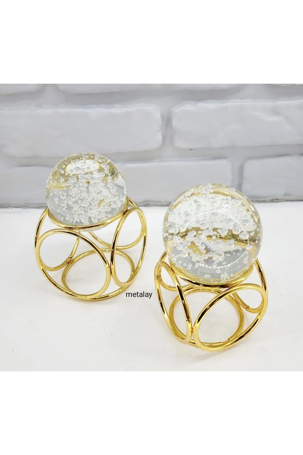 SerenityHaven Gold Kaplama Metal 2'li Set Salon Küp Model Kristal Baloncuklu Dekorasyon Biblo Obje