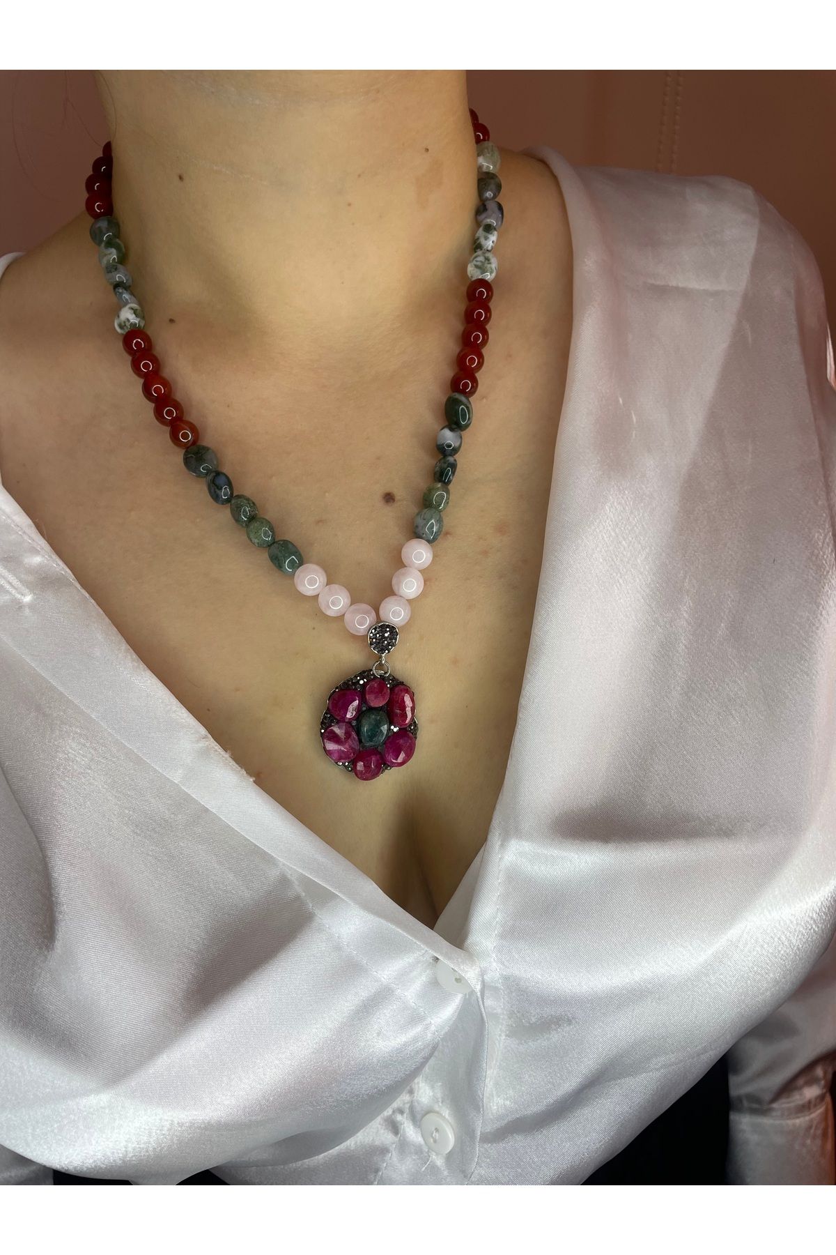 MODA Akik & kuvars doğal taş kolye kök çakra ve kalp çakra dengeleyici