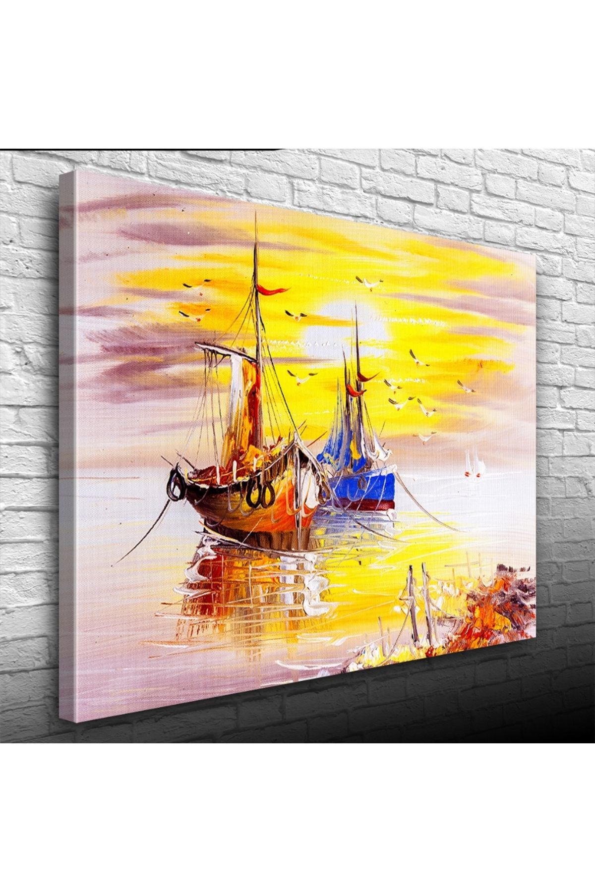 Kanonik Education Günbatımında Balıkçı Takaları ve Martılar :Yağlıboya Kanvas Tablo 50 x 70