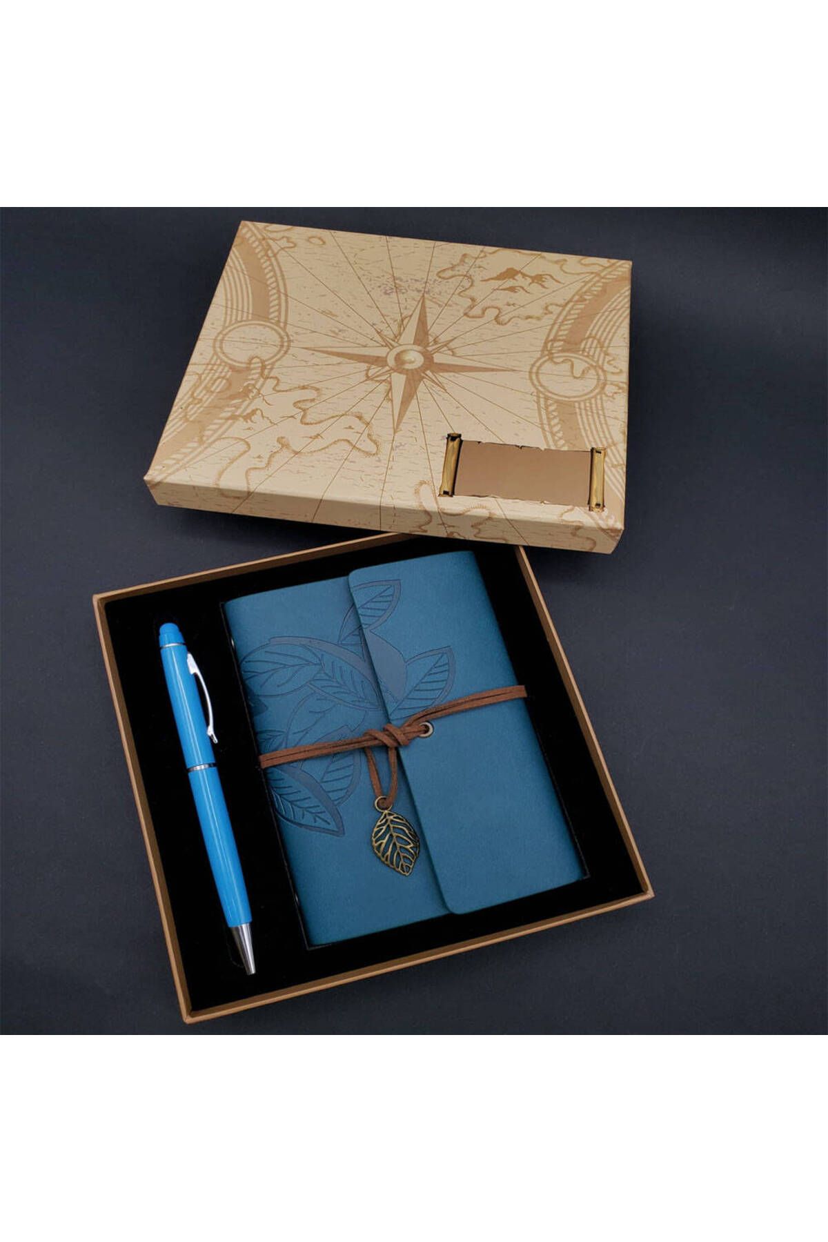 Vexahome Kutulu Yaprak Desenli Mavi Deri Defter Ve Kalem Seti