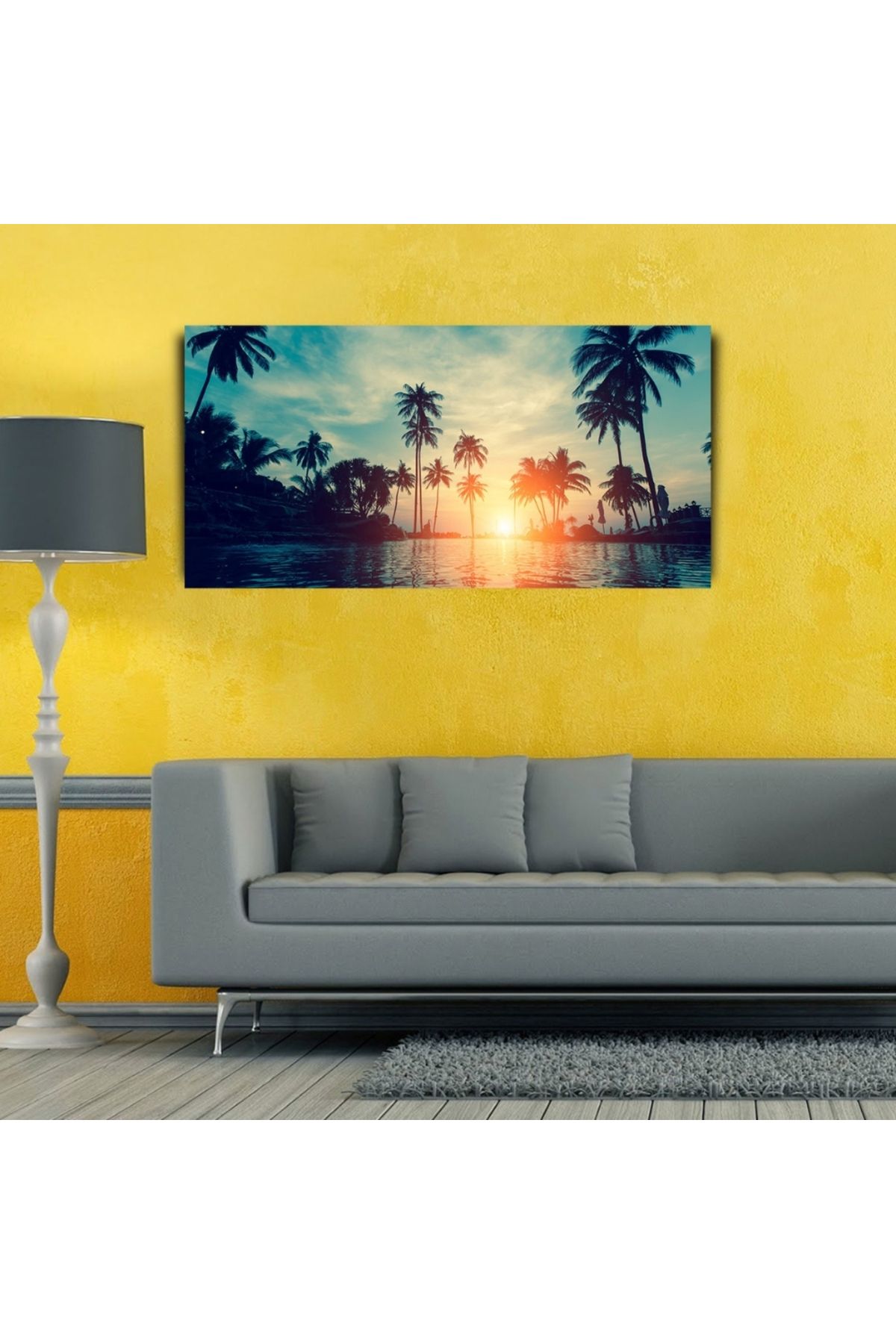 Kanonik Education Palmiyeler ve Nehir Günbatımı Kanvas Tablo 60 x 120
