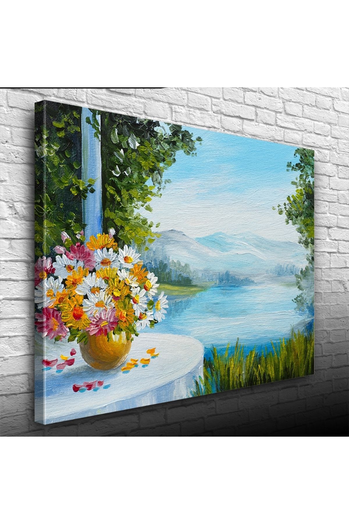 Kanonik Education Masadaki Çiçekler ve Göl Manzarası Yağlıboya Kanvas Tablo 50 x 70