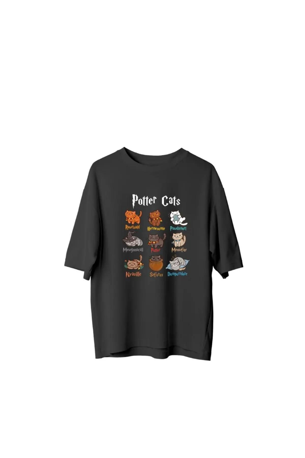 Koklonmoda Unisex Potter Cats Baskılı Oversize T-Shirt