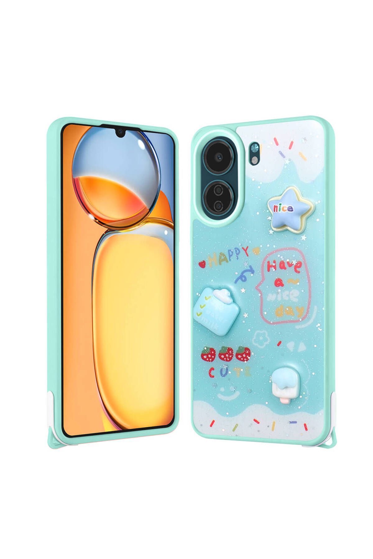 Başkenttekno Xiaomi Poco C65 Kılıf Parlayan Simli Kabartma Figürlü Cevze Kapak