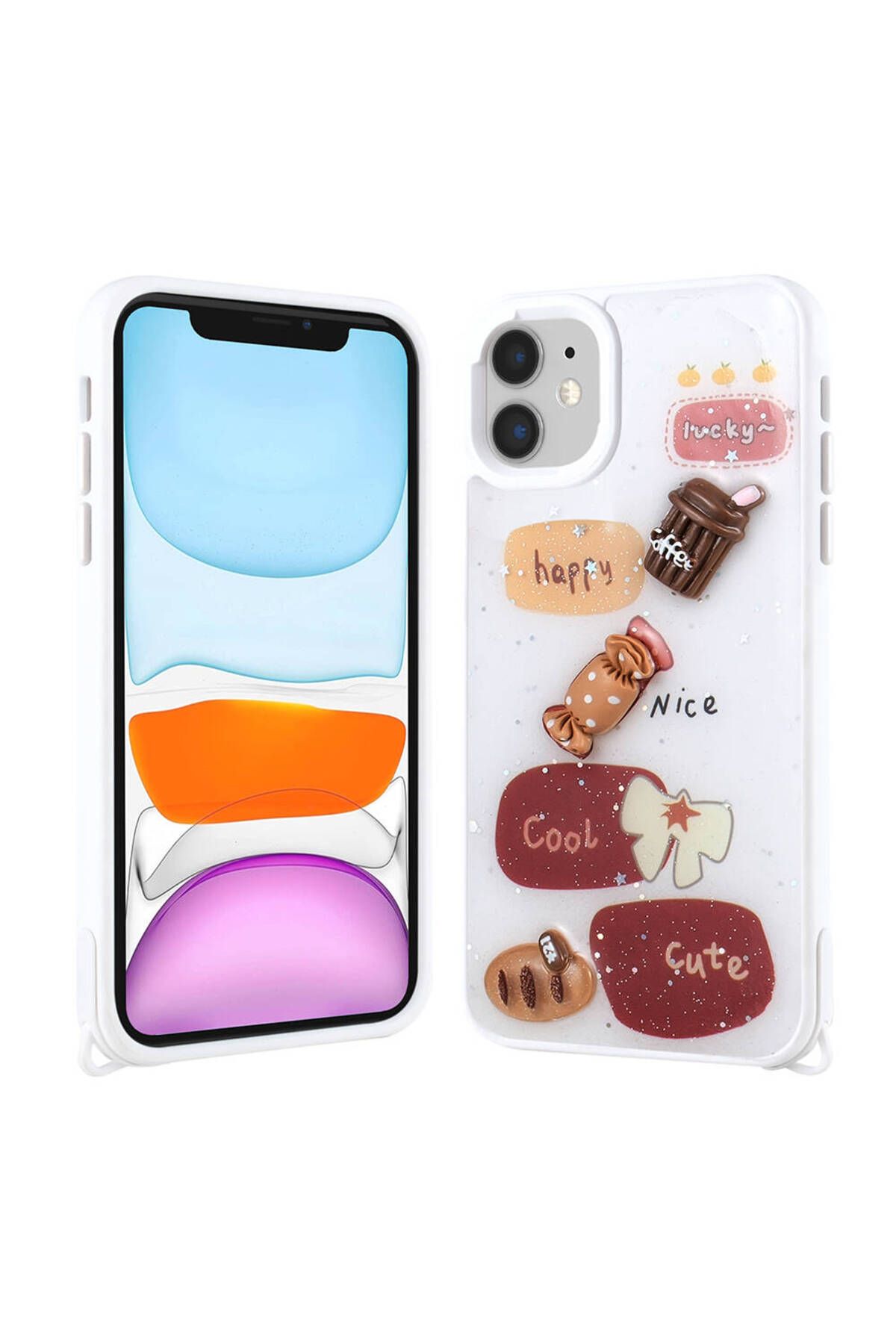 Başkenttekno iPhone 11 Kılıf Parlayan Simli Kabartma Figürlü Cevze Kapak