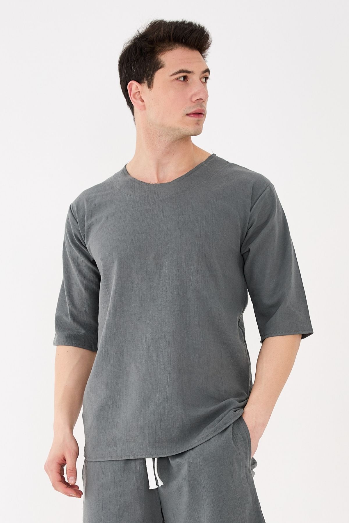 RELAXL %100 Pamuk Unisex Rahat Kalıp Bisiklet Yaka Koyu Gri Tişört