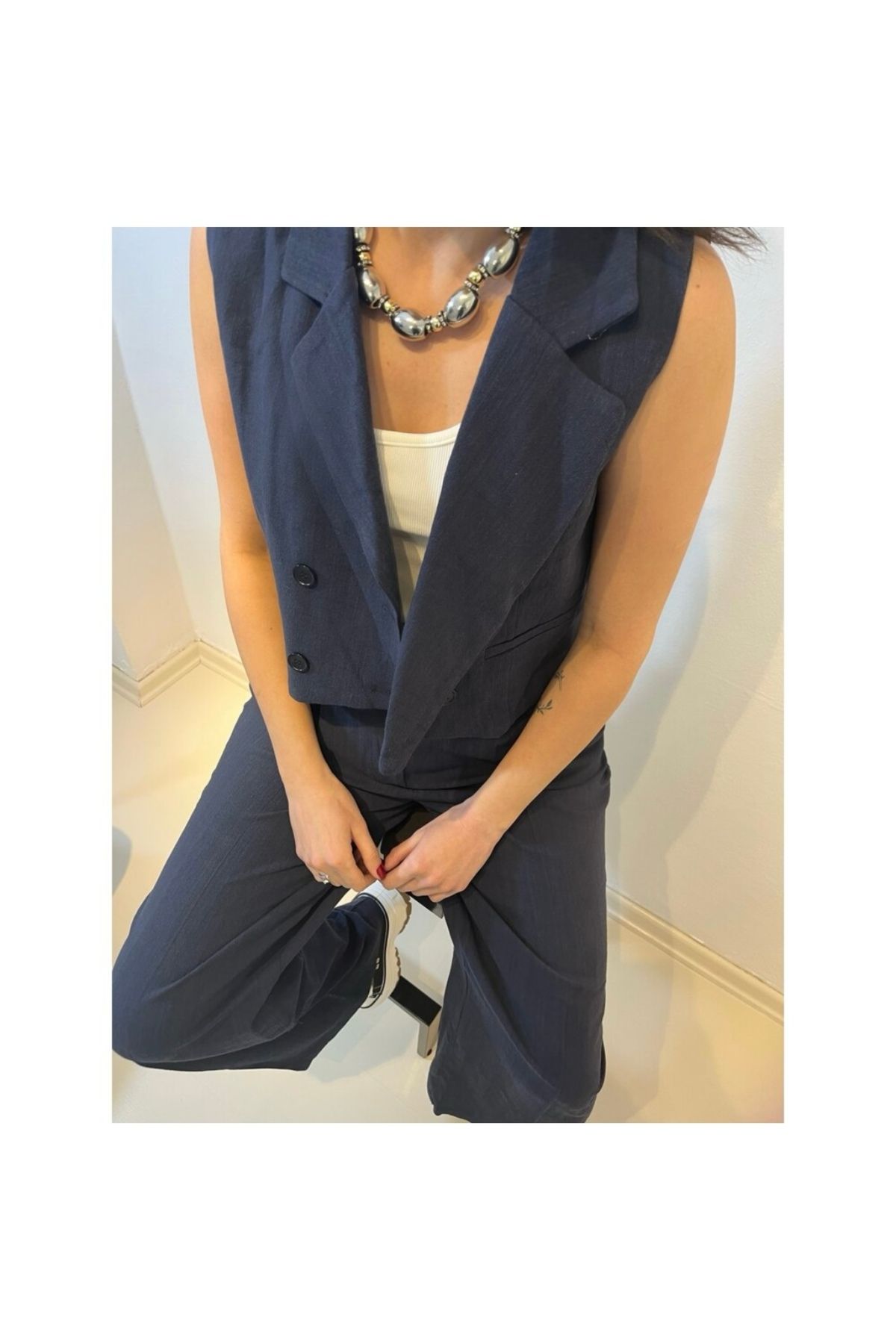 Butik Yelekli Keten Takım