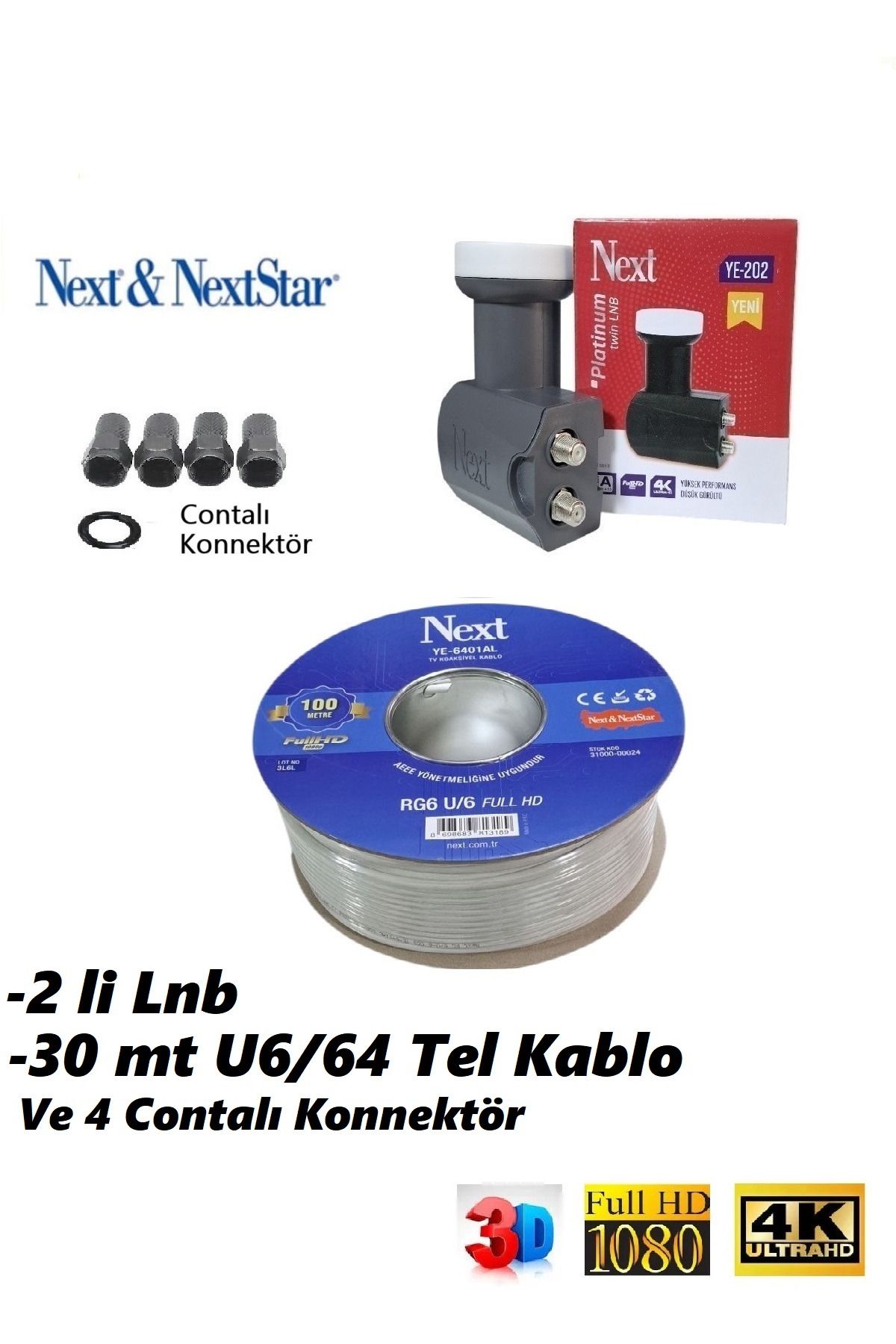Vwin 30 Metre Anten Kablosu FullHD 3D 4K + 2'li Lnb YE 202 + 4 Contalı Konnektör (NEXT)