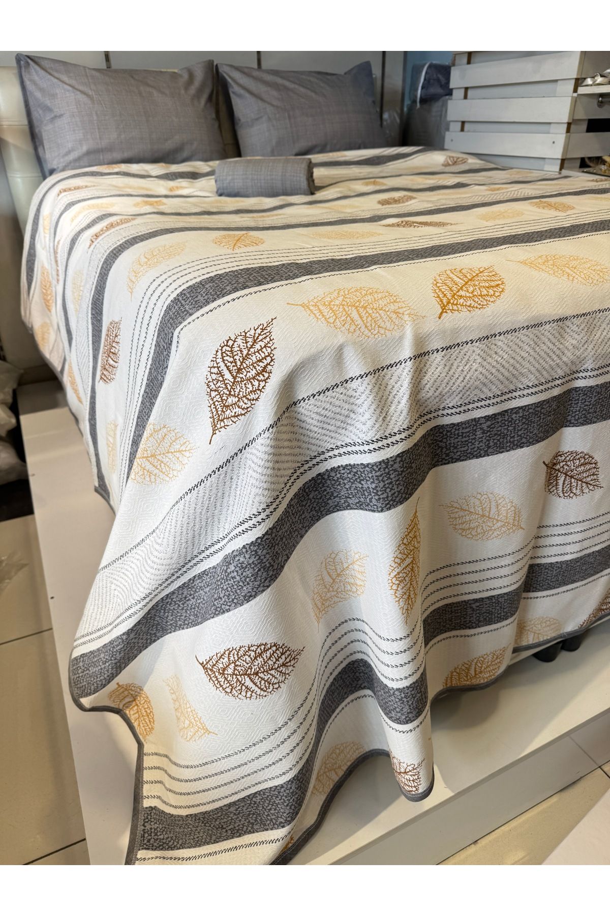 ŞENER HOME-Leaf Patterned Sheet Elastic Single Pique Set 3