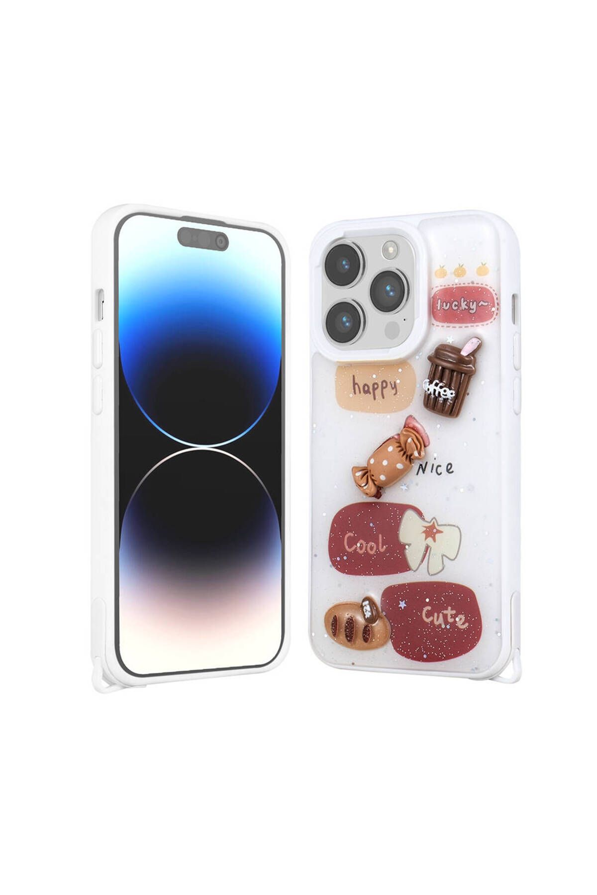 Başkenttekno iPhone 14 Pro Kılıf Parlayan Simli Kabartma Figürlü Cevze Kapak