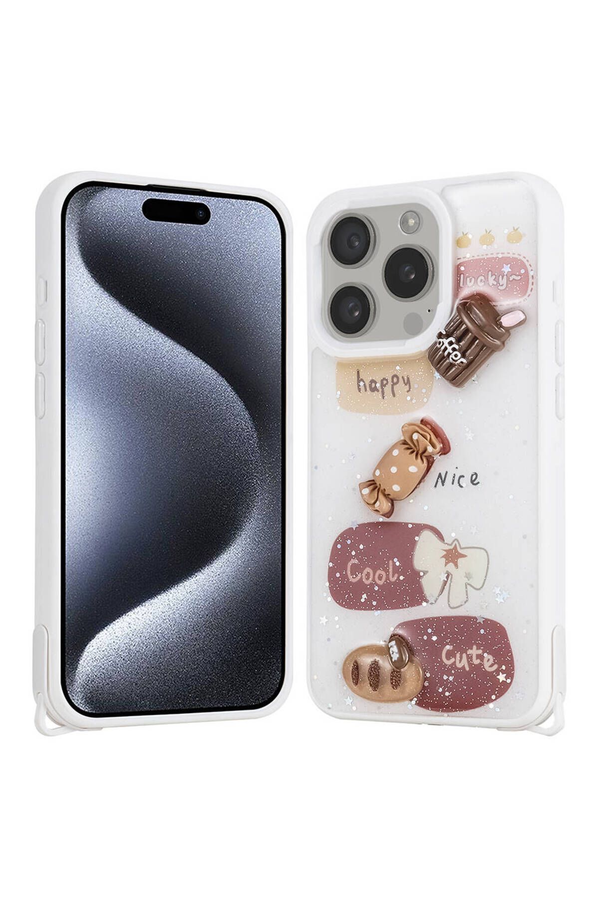Başkenttekno iPhone 15 Pro Kılıf Parlayan Simli Kabartma Figürlü Cevze Kapak