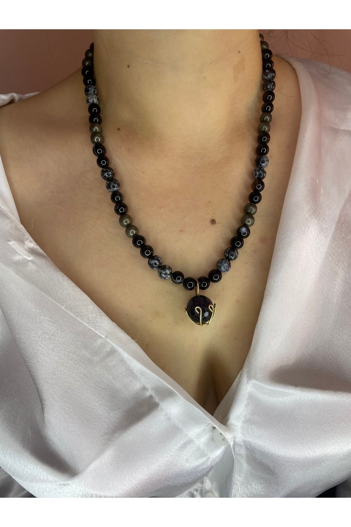 MODA Obsidyen & Pirit Doğal Taş Kolye Kök Çakra Mide Çakra Dengeleyici