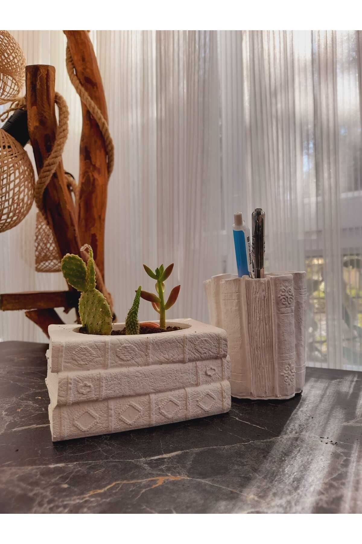 SerenityHaven Kitap Desenli Kalemlik Ve Sukulent Saksı İkili Set