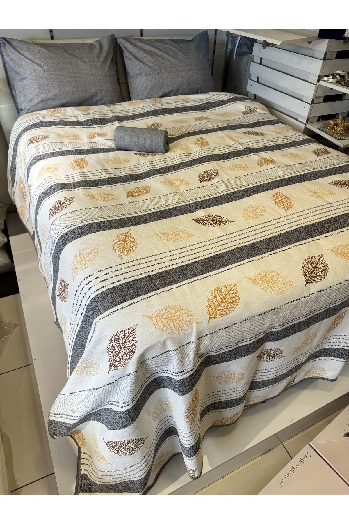 ŞENER HOME-Leaf Patterned Sheet Elastic Single Pique Set 7