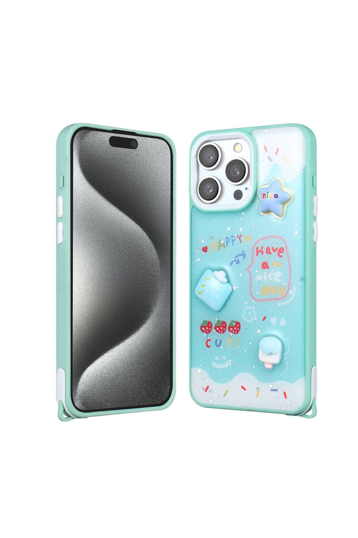 Başkenttekno iPhone 15 Pro Max Kılıf Parlayan Simli Kabartma Figürlü Cevze Kapak