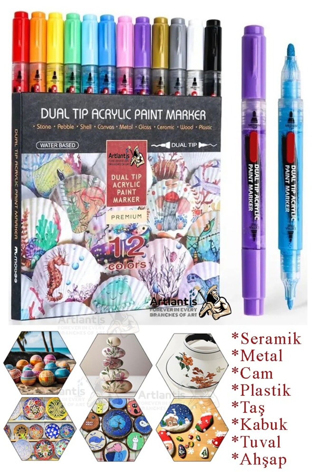 Artlantis Çift Taraflı 12 Renk Akrilik Markör Keçeli Kalem 1 Adet Dual Tip Acrylic Marker Taş Cam Metal Serami
